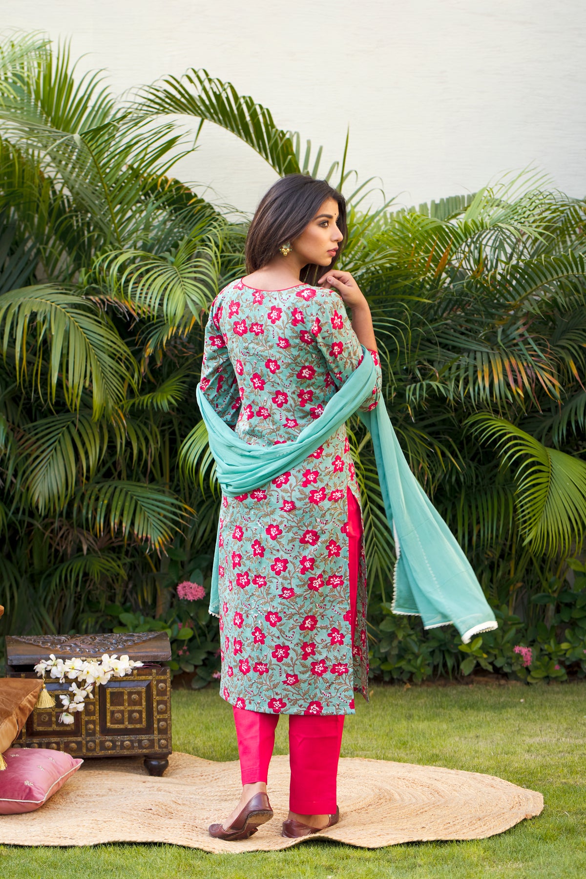 Regular Green Floral Printed 100% Cotton Suit Set with Red Pants and Dupatta for Women