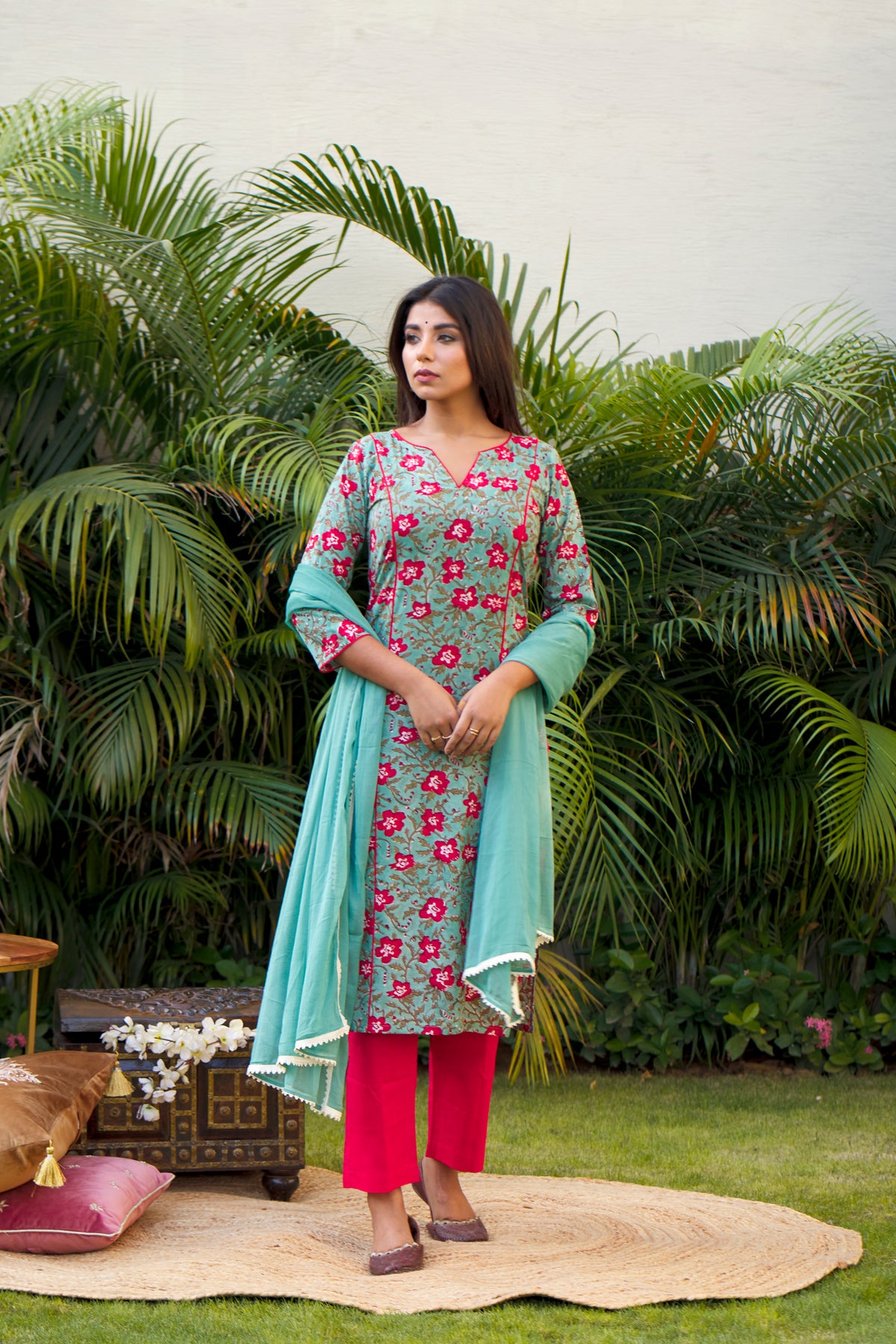 Regular Green Floral Printed 100% Cotton Suit Set with Red Pants and Dupatta for Women