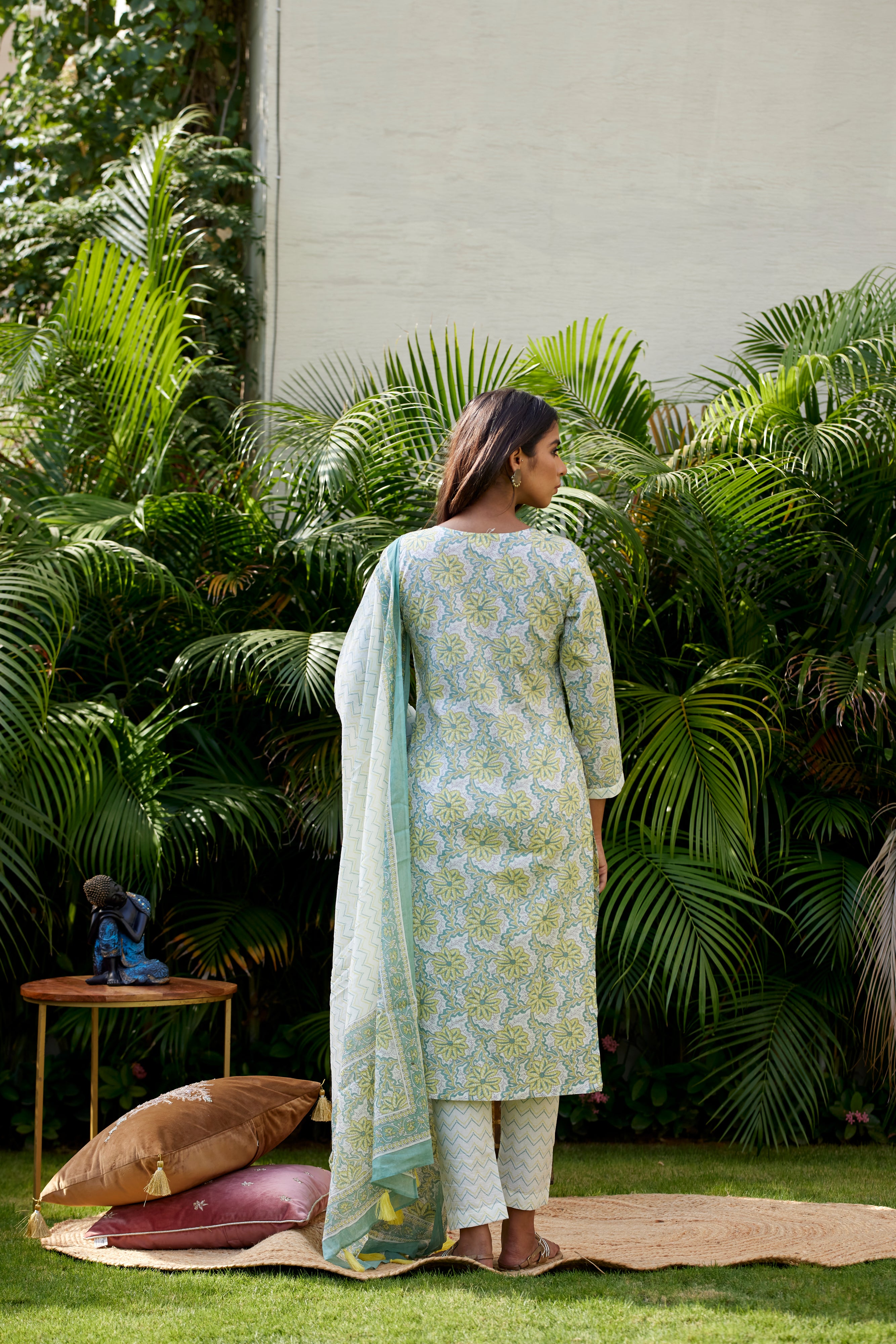 Pastel Green Floral Printed Cotton Kurta Pant Set with Dupatta for Women