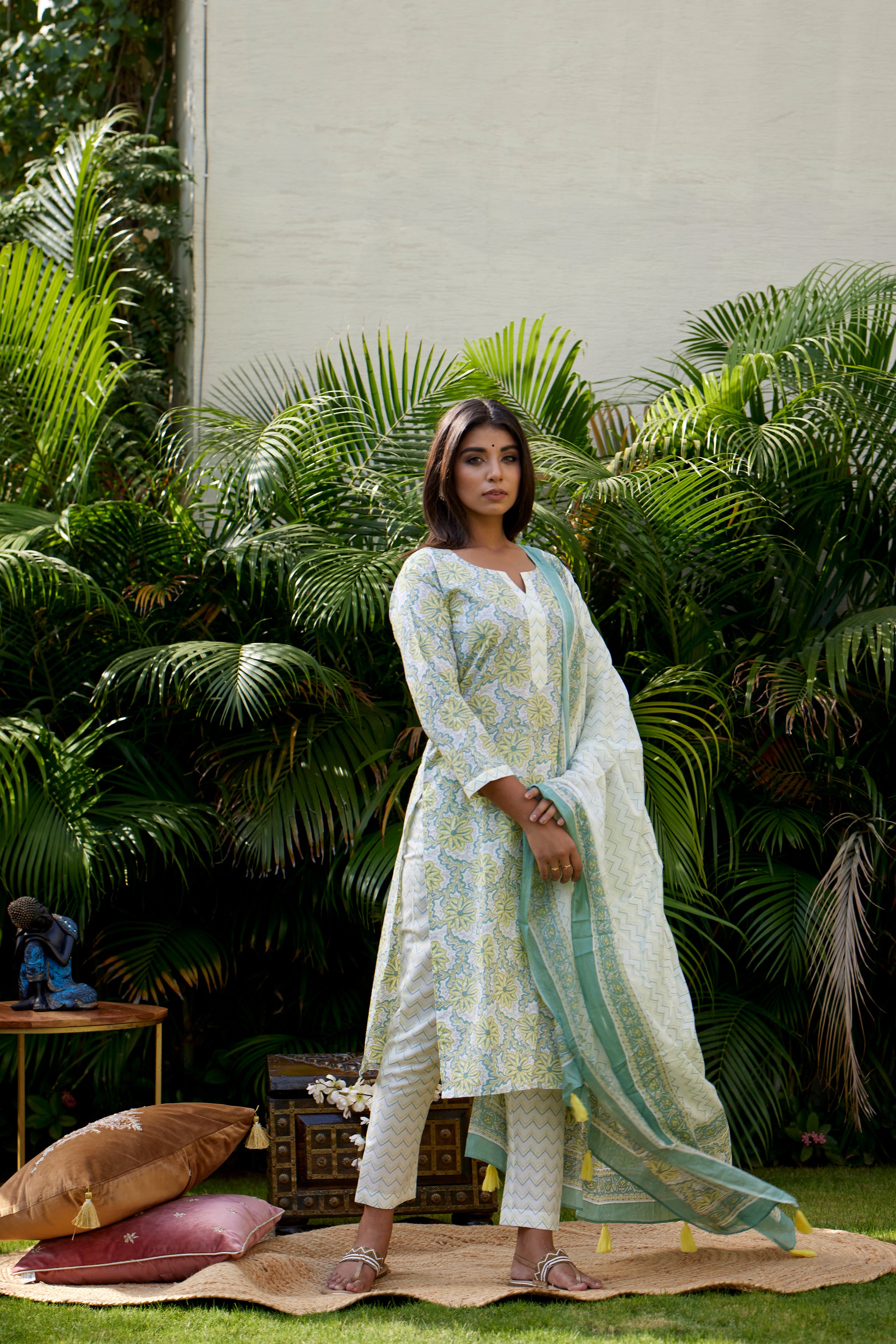 Pastel Green Floral Printed Cotton Kurta Pant Set with Dupatta for Women