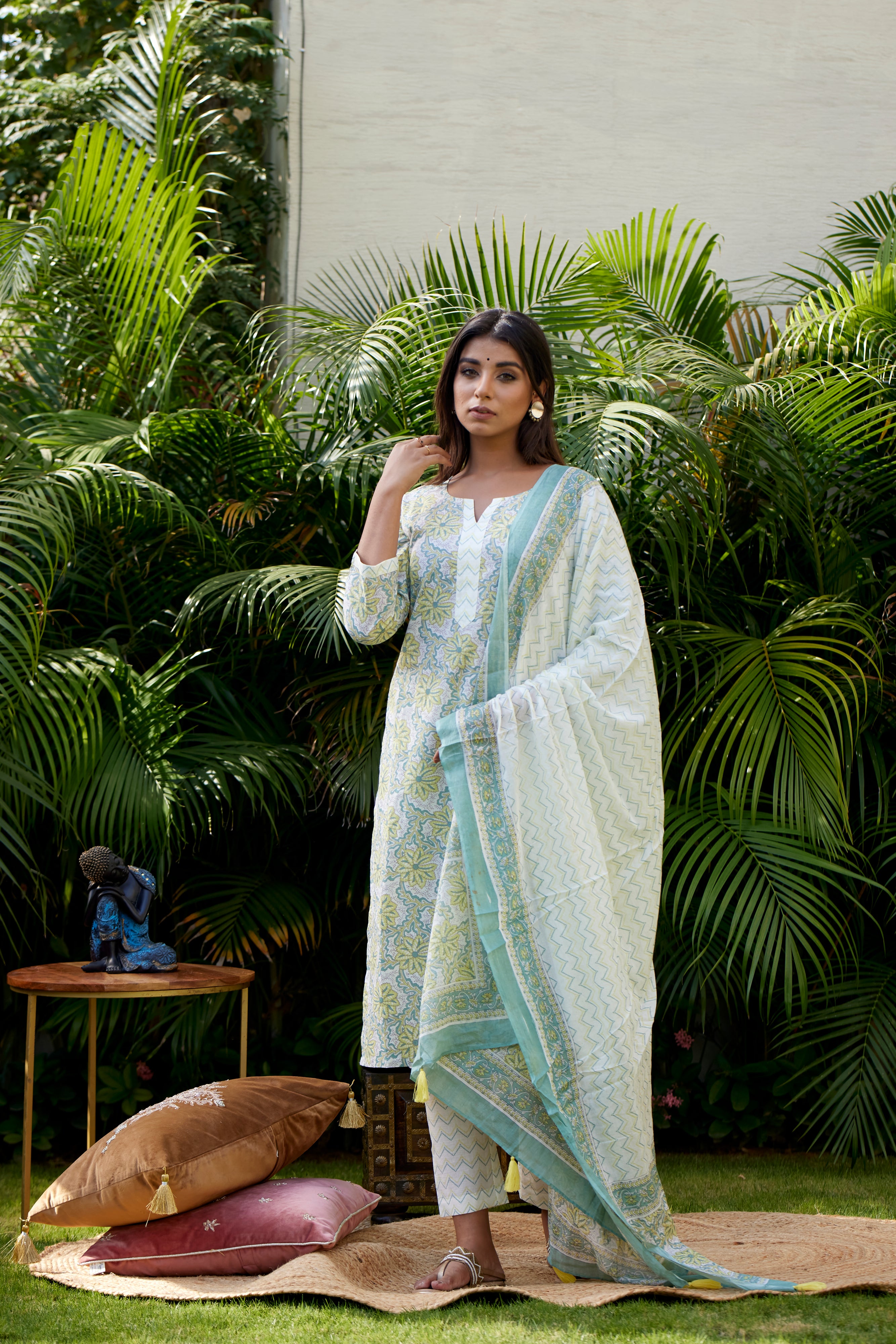 Pastel Green Floral Printed Cotton Kurta Pant Set with Dupatta for Women