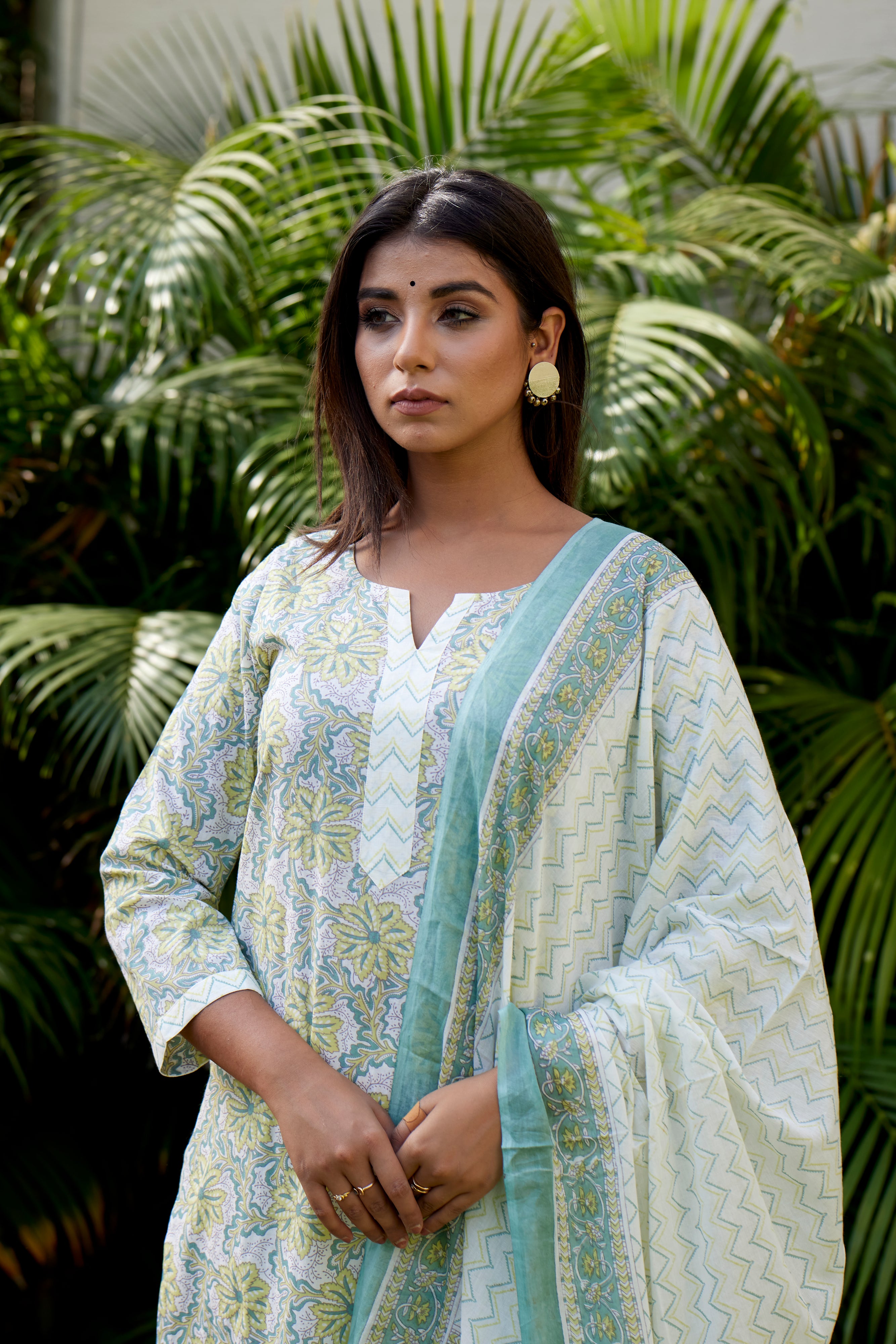 Pastel Green Floral Printed Cotton Kurta Pant Set with Dupatta for Women