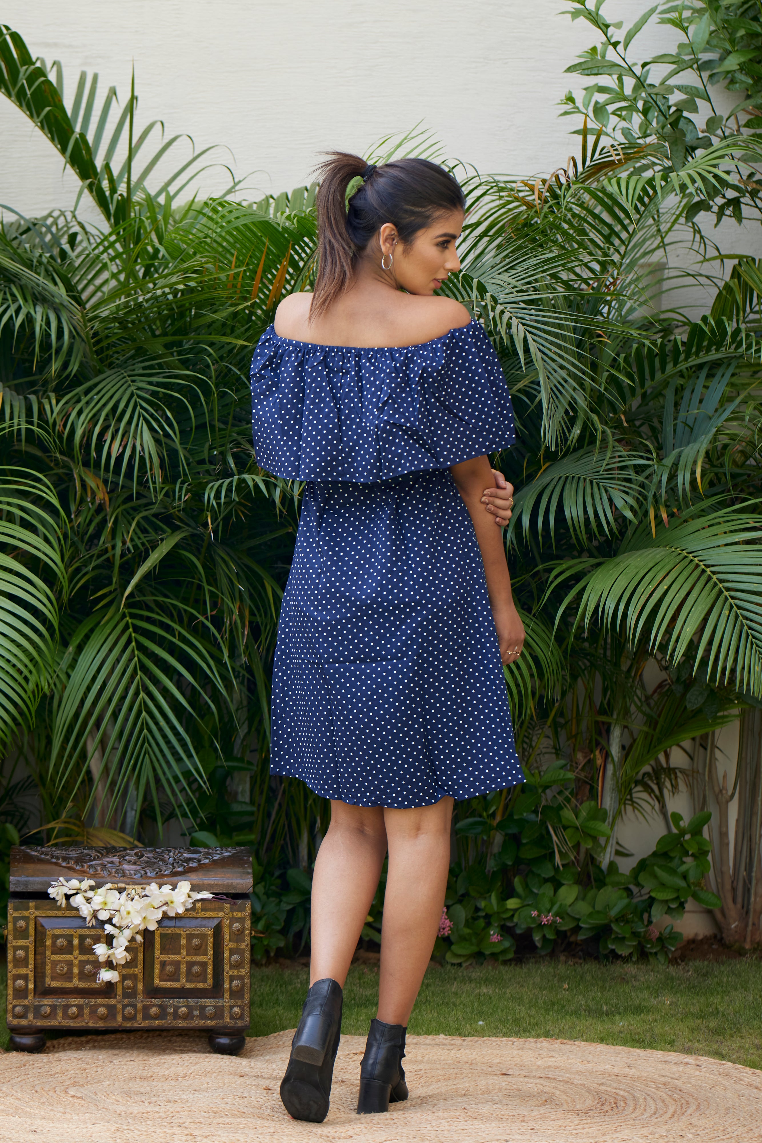 Navy Blue Polka Dot Off-Shoulder Casual Summer Dress