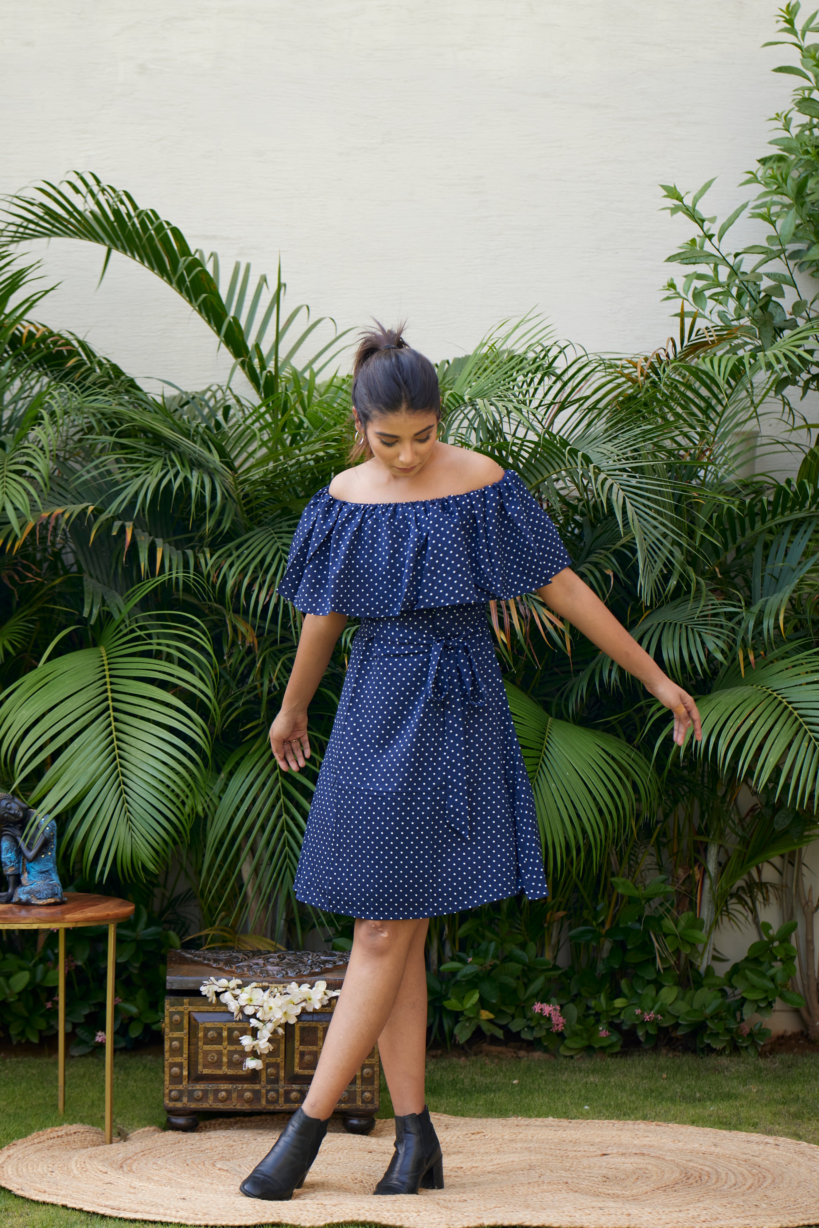 Navy Blue Polka Dot Off-Shoulder Casual Summer Dress