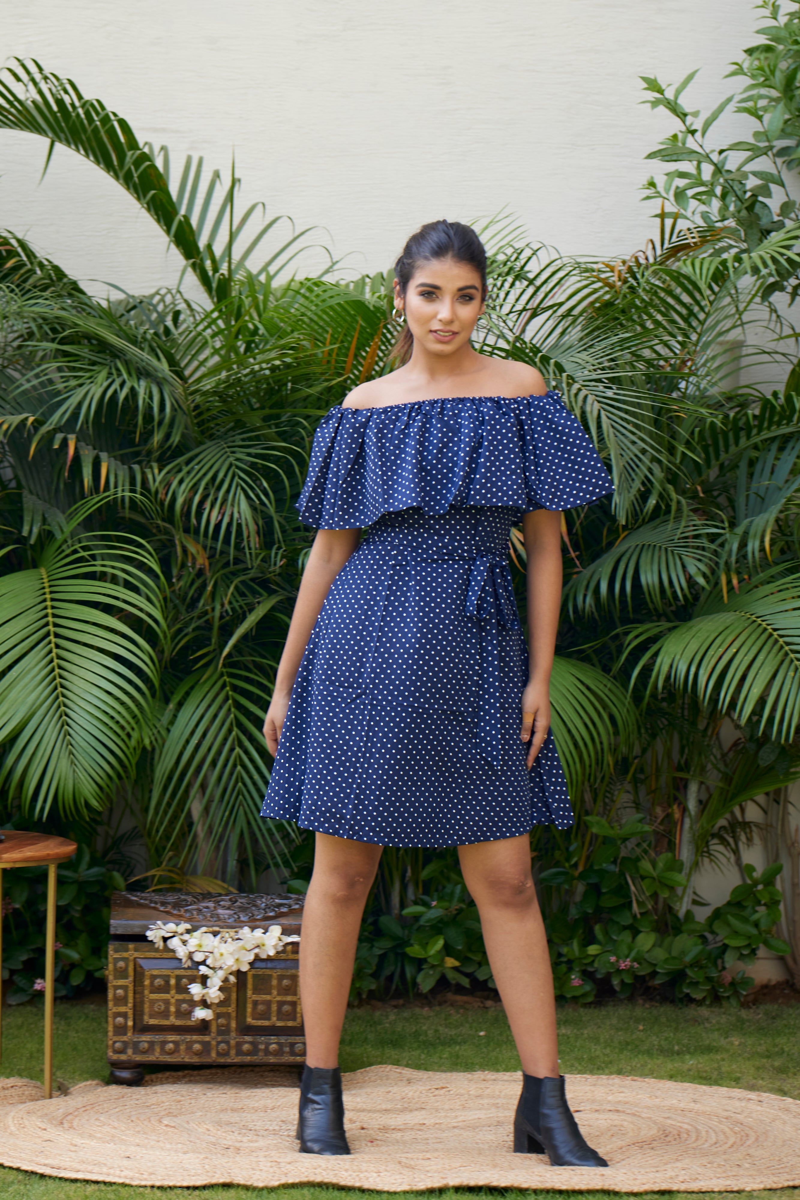 Navy Blue Polka Dot Off-Shoulder Casual Summer Dress