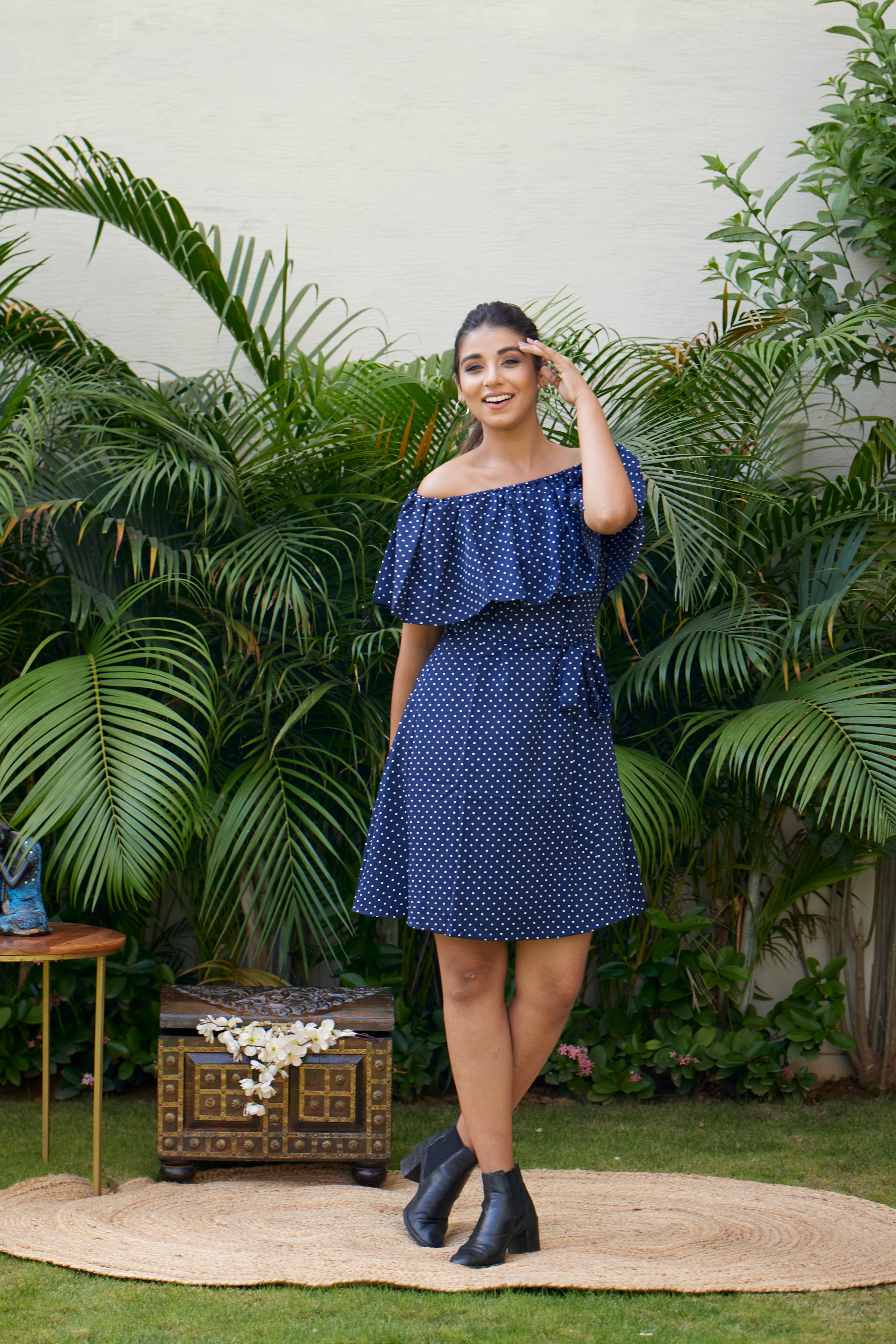 Navy Blue Polka Dot Off-Shoulder Casual Summer Dress