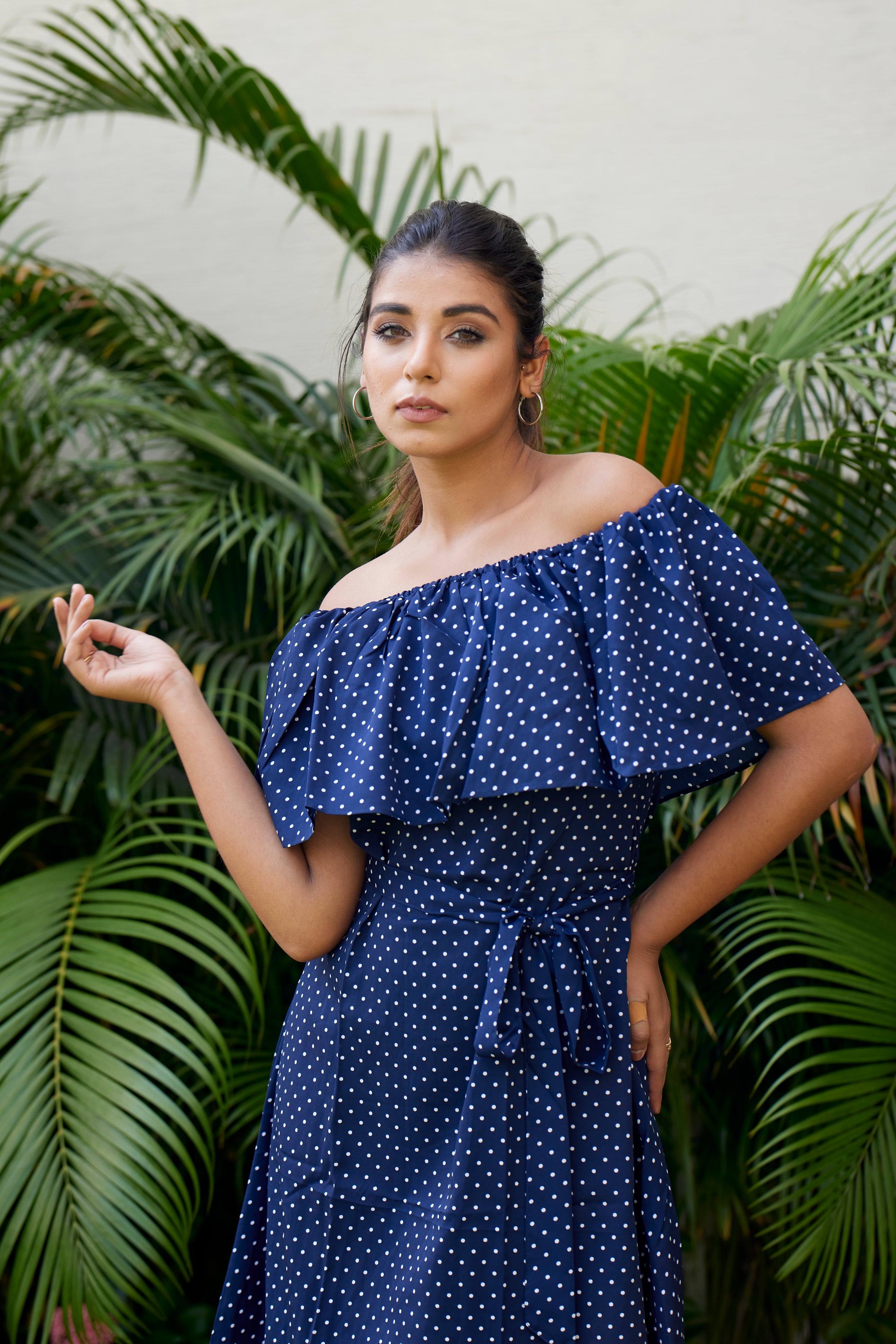 Navy Blue Polka Dot Off-Shoulder Casual Summer Dress