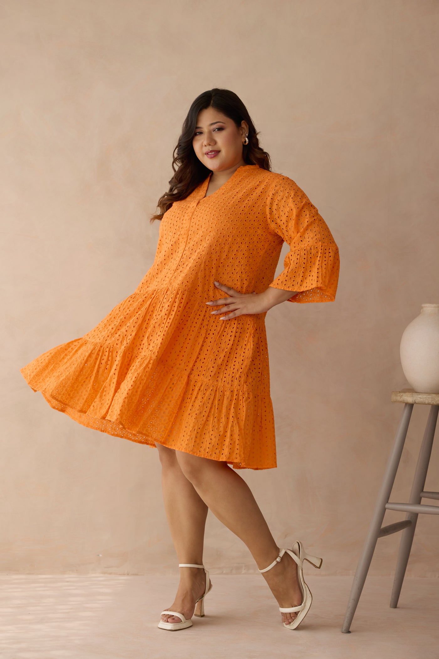 Tangerine Tiered Schiffli Cotton Dress