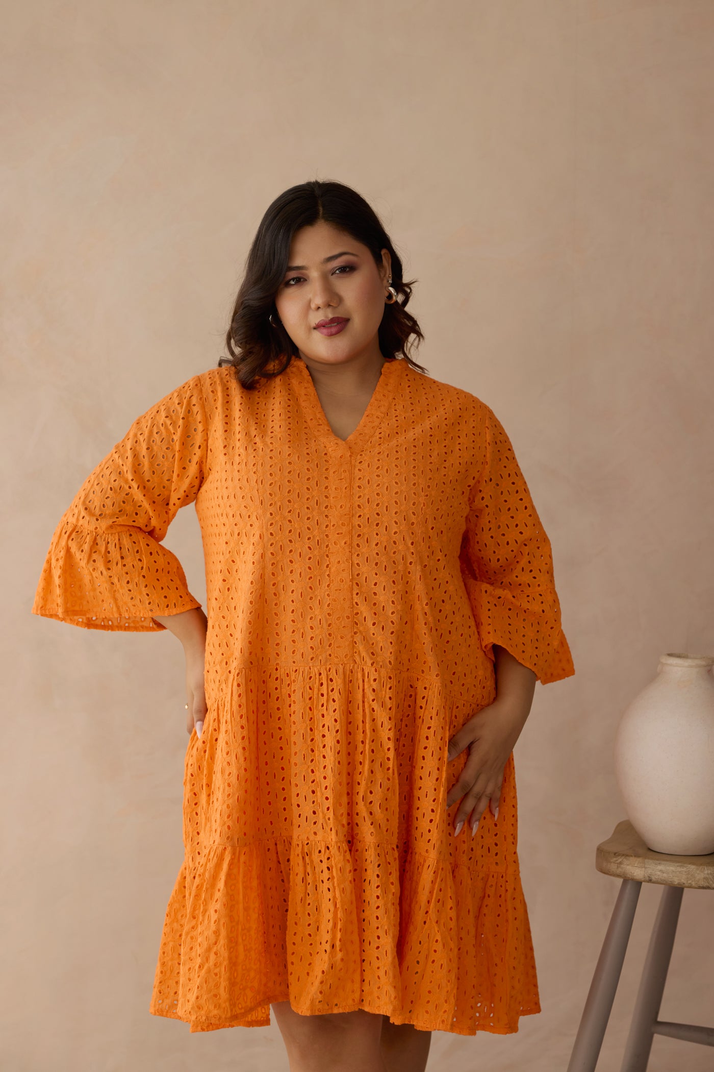 Tangerine Tiered Schiffli Cotton Dress