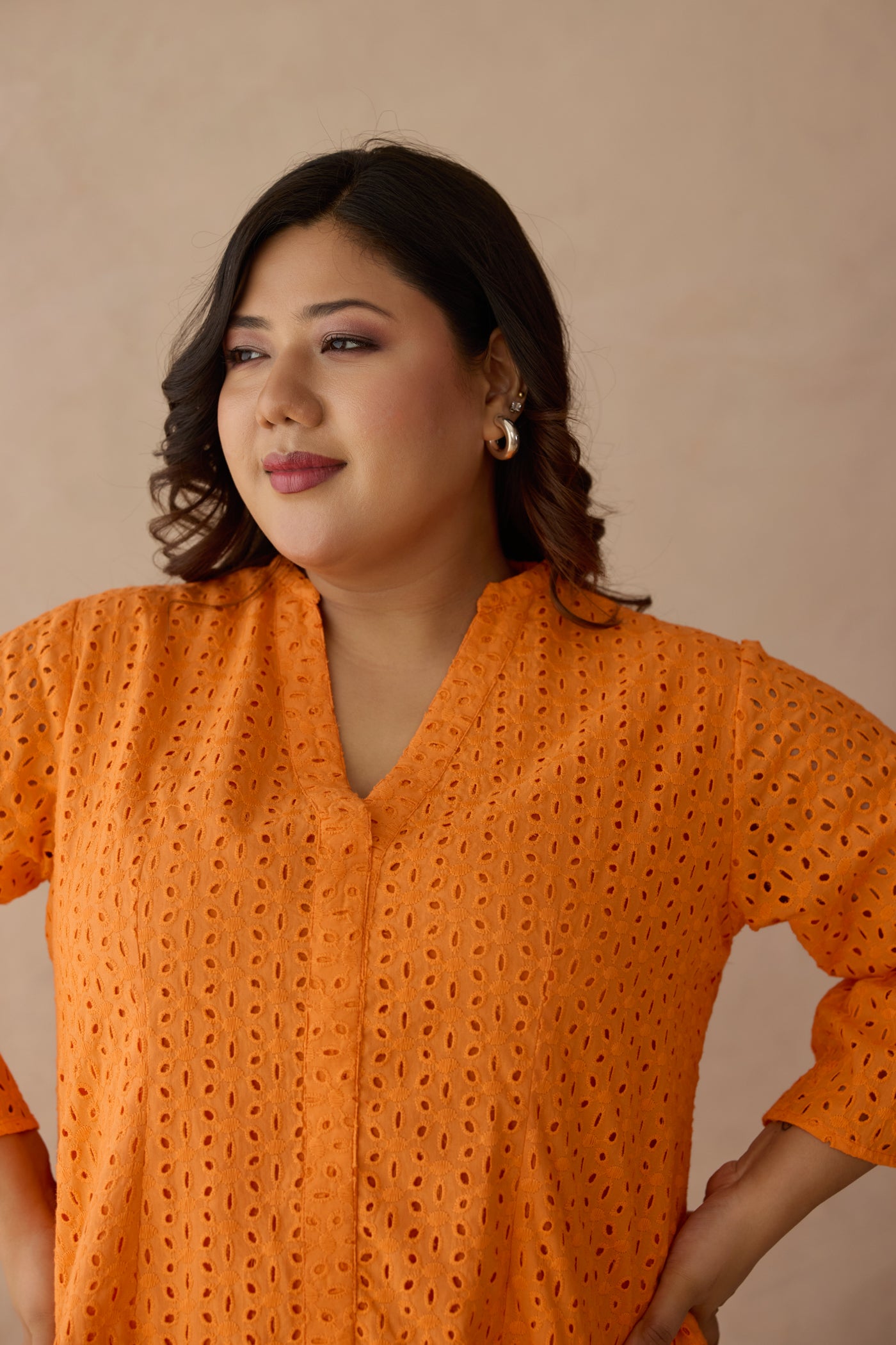 Tangerine Tiered Schiffli Cotton Dress