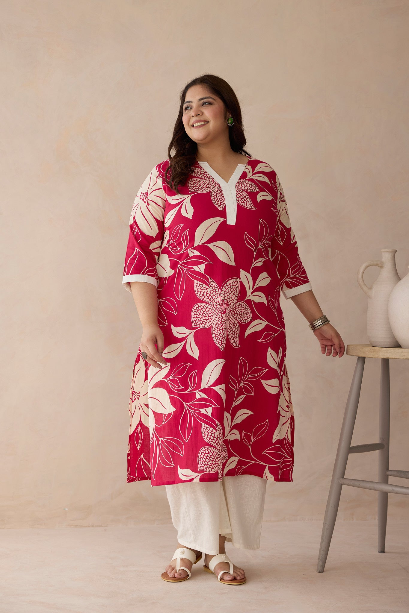 Bright Red Foliage Print Cotton Kurta Set(Set of 2)