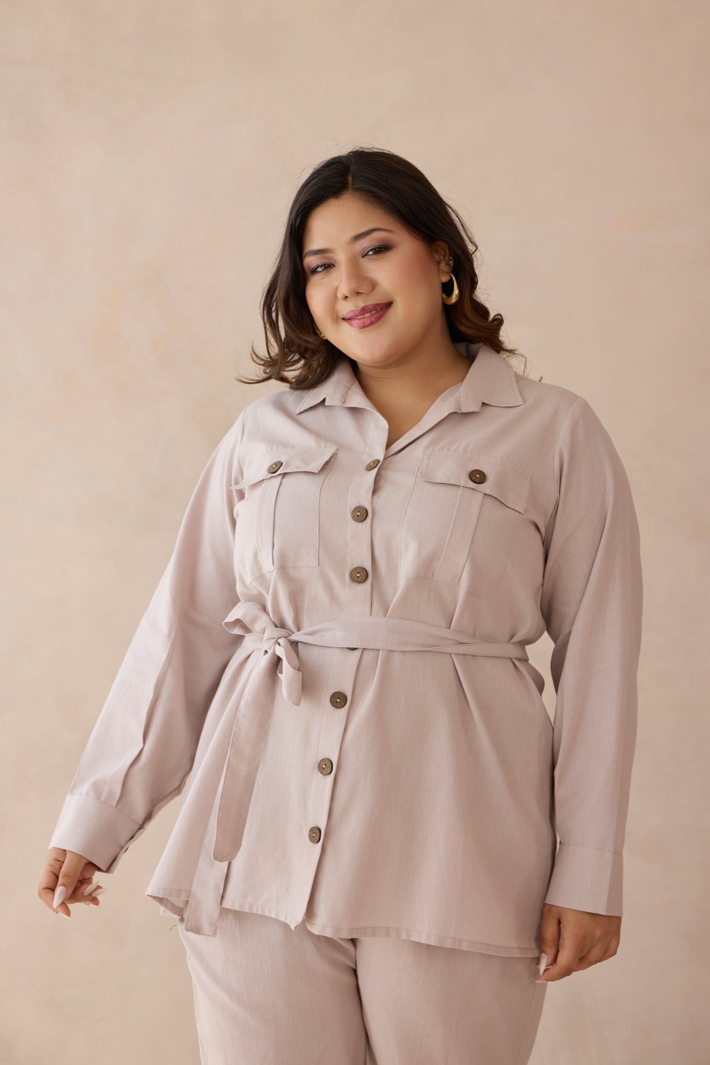 Blush Beige Top & Bottom Cotton Co-ord Set with Cargo Pockets