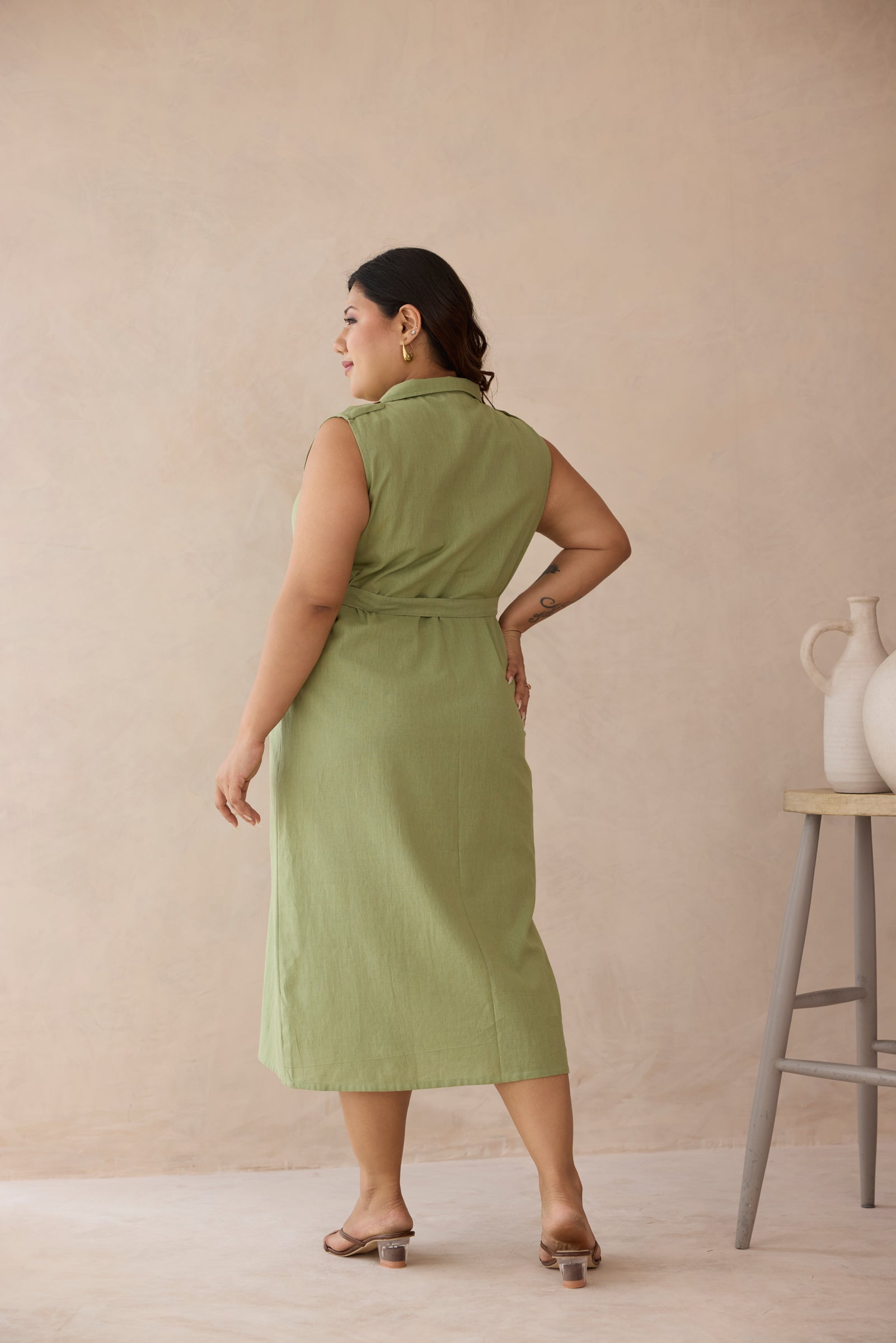 Soft Olive Green Linen Belted Shirt Dress