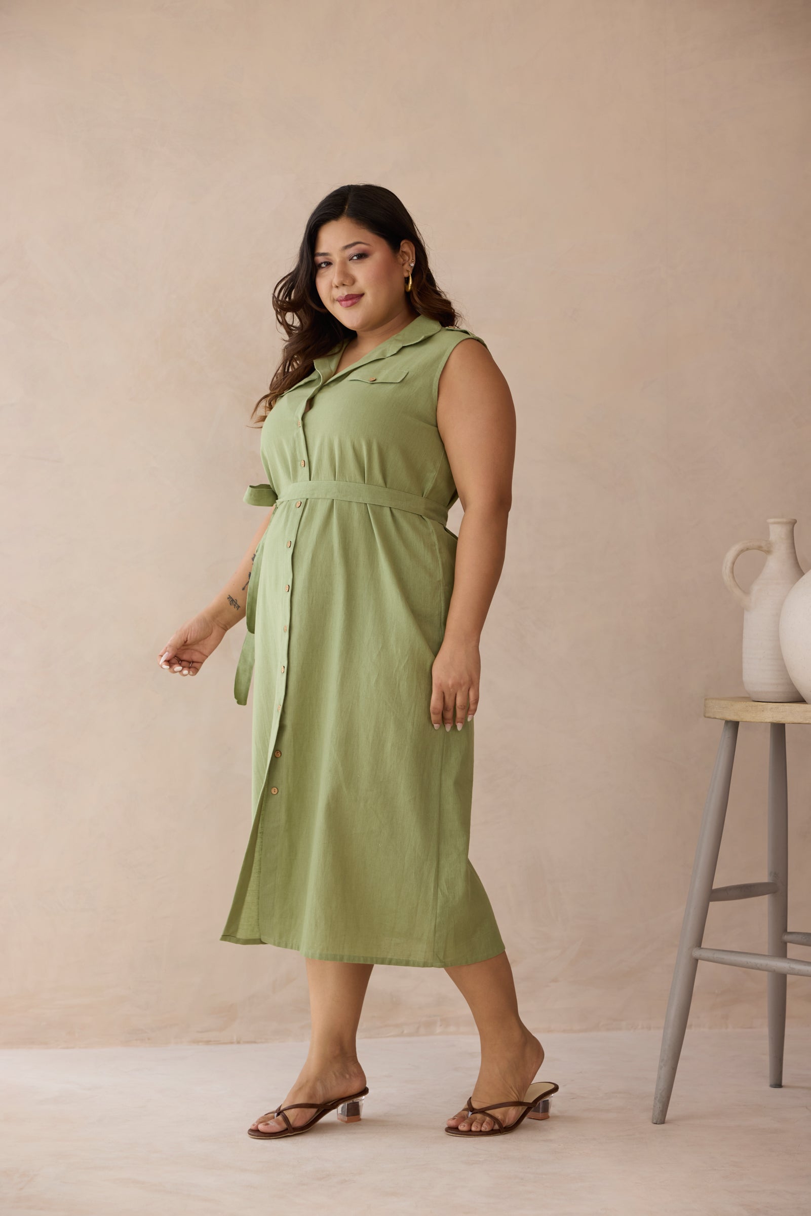 Soft Olive Green Linen Belted Shirt Dress