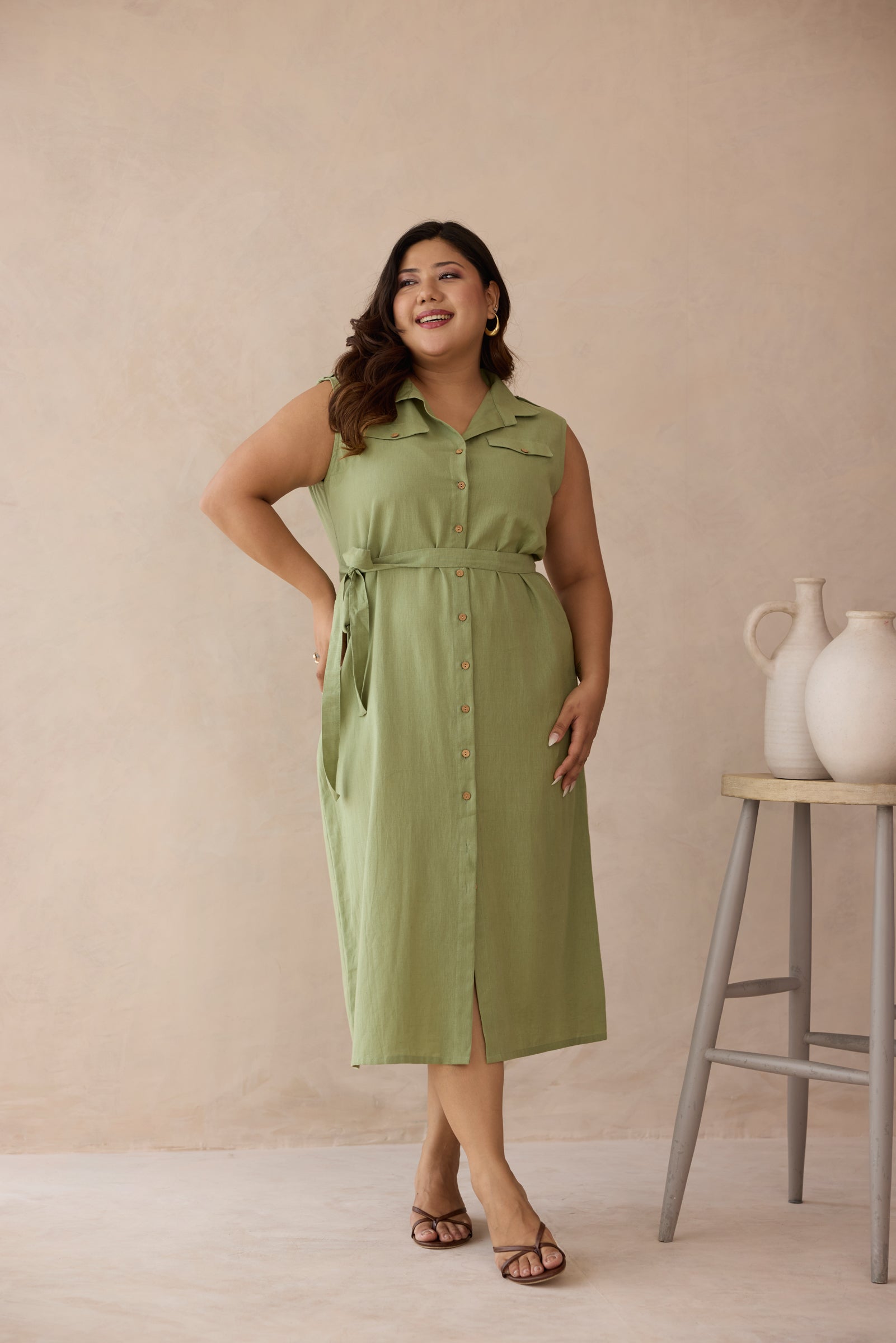 Soft Olive Green Linen Belted Shirt Dress