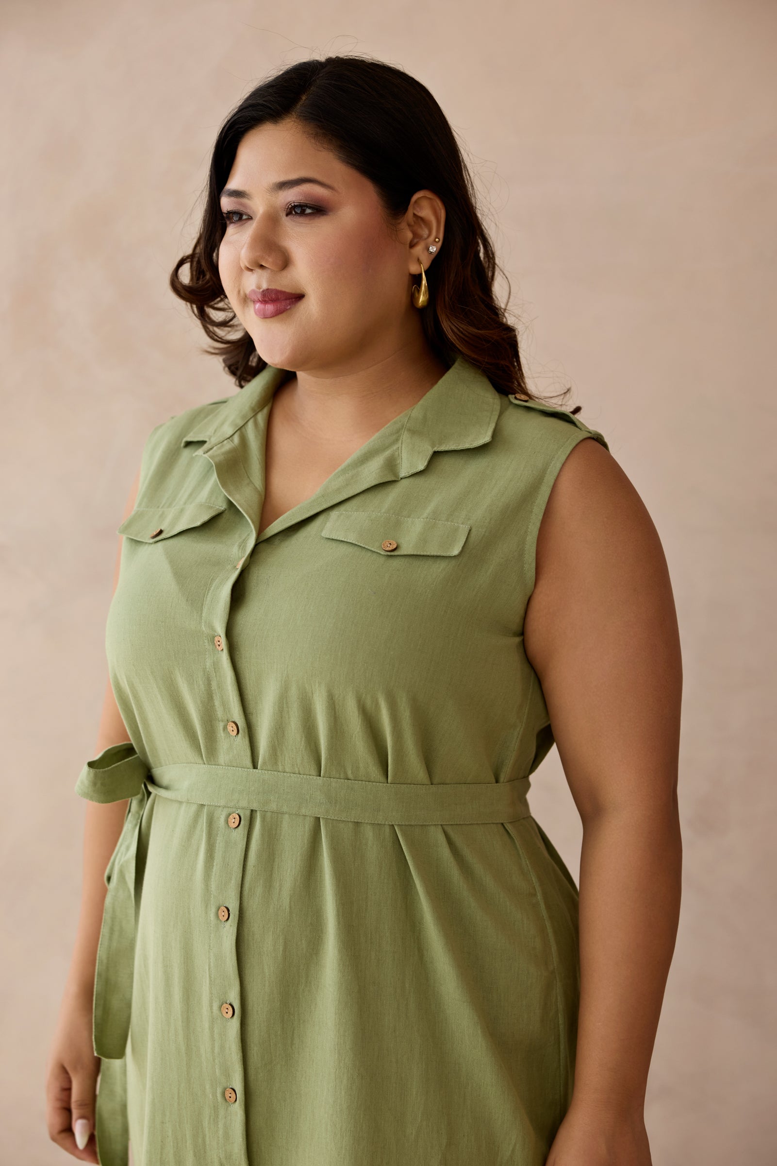 Soft Olive Green Linen Belted Shirt Dress