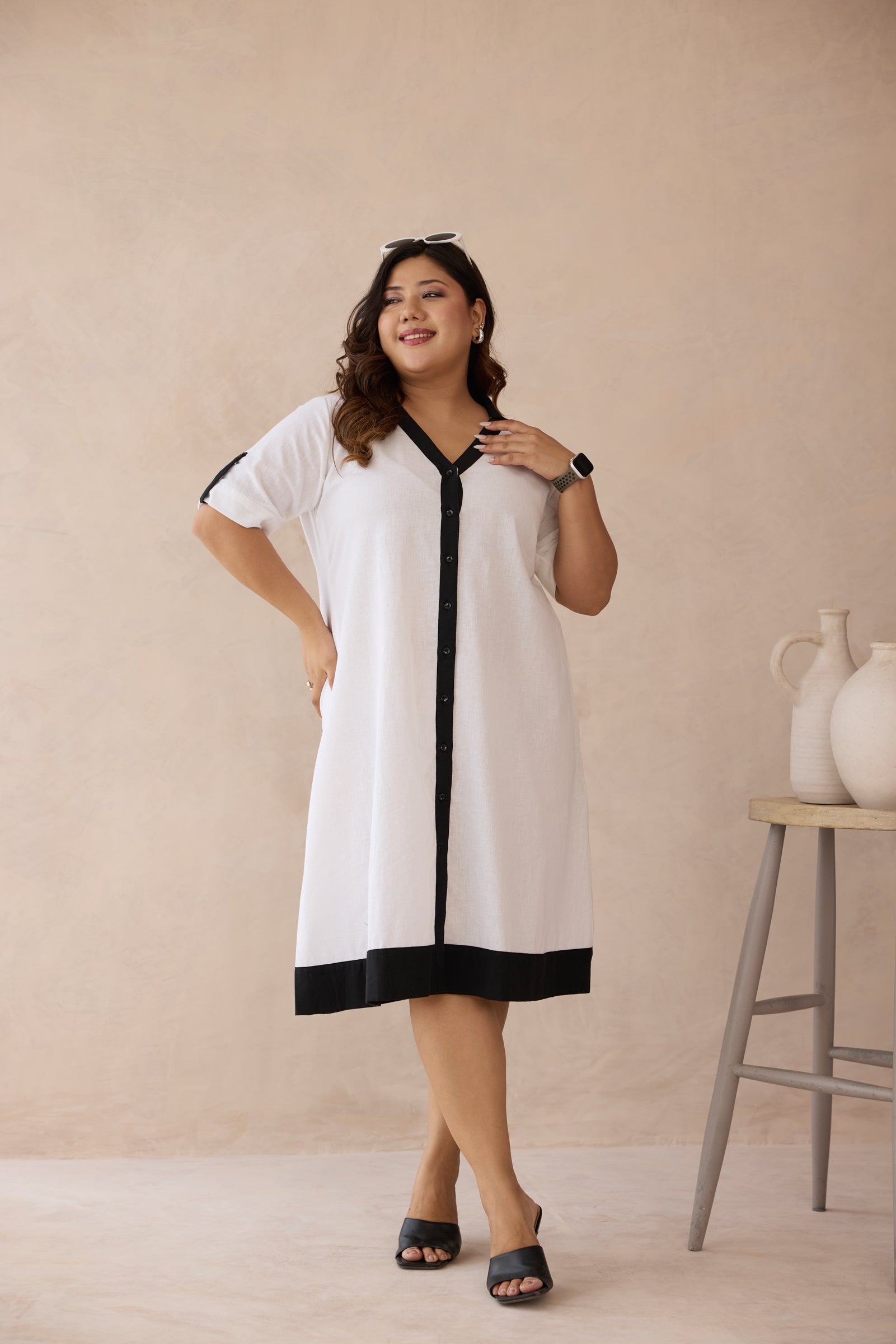Crisp White with Bold Black Detail Linen Shirt Dress