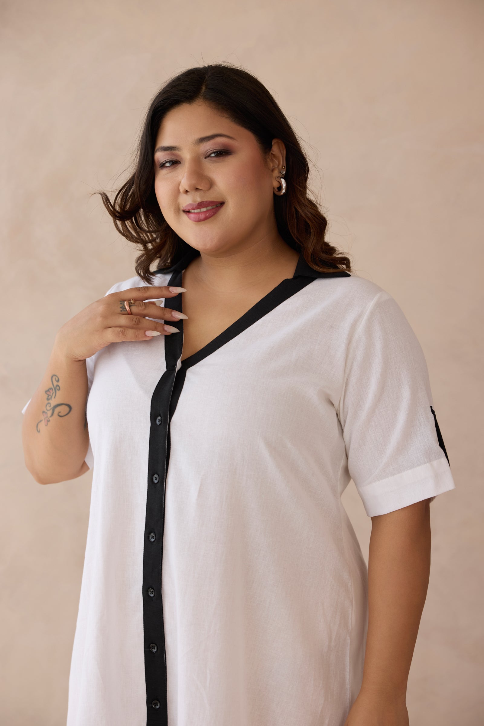 Crisp White with Bold Black Detail Linen Shirt Dress