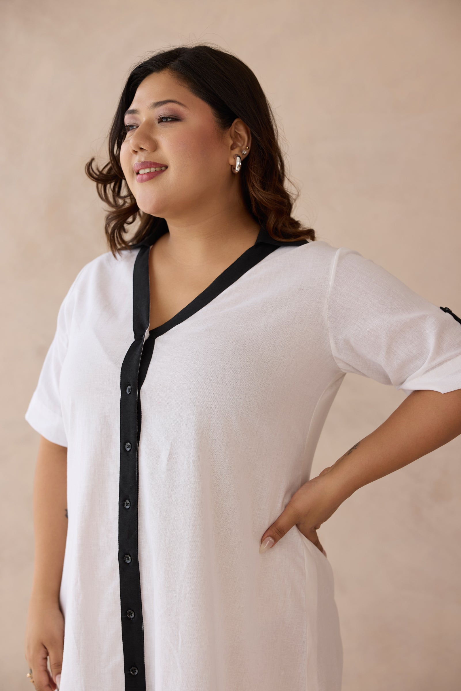 Crisp White with Bold Black Detail Linen Shirt Dress