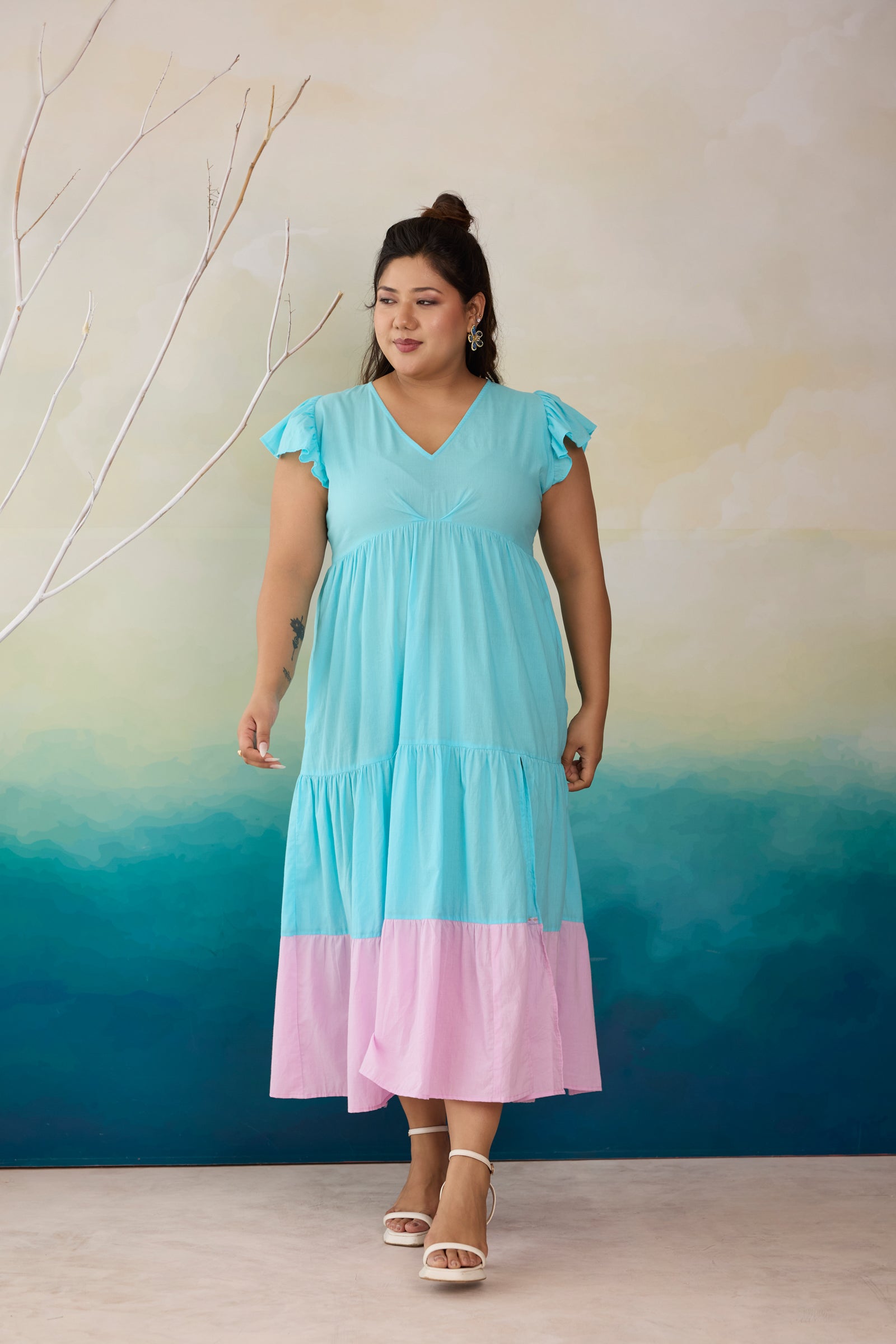 Aqua Breeze & Lilac Colorblock Cotton Maxi Dress