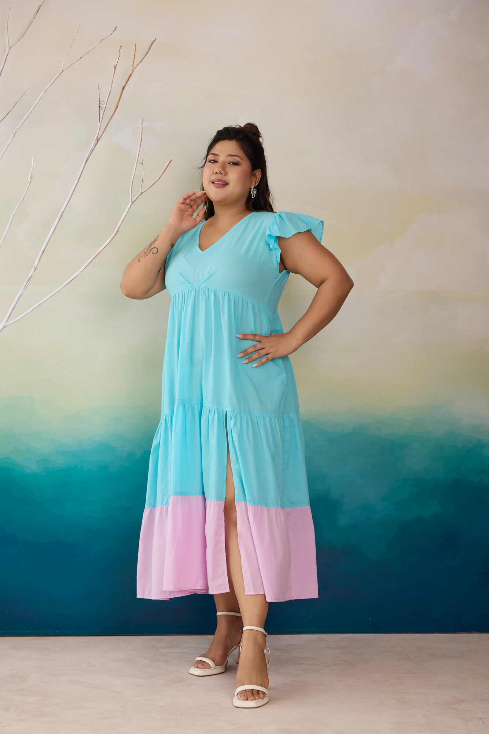 Aqua Breeze & Lilac Colorblock Cotton Maxi Dress