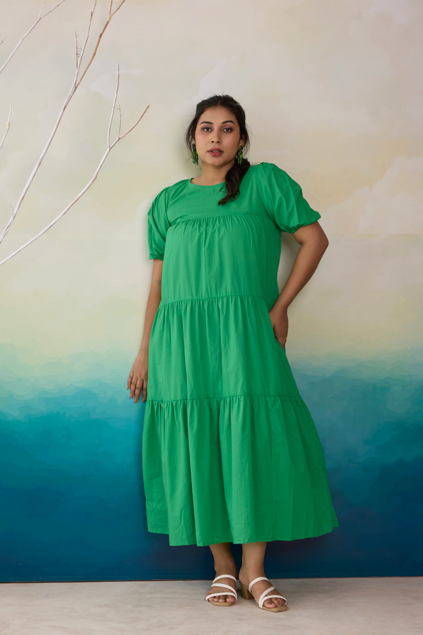 Lush Green Tiered Cotton Midi Dress