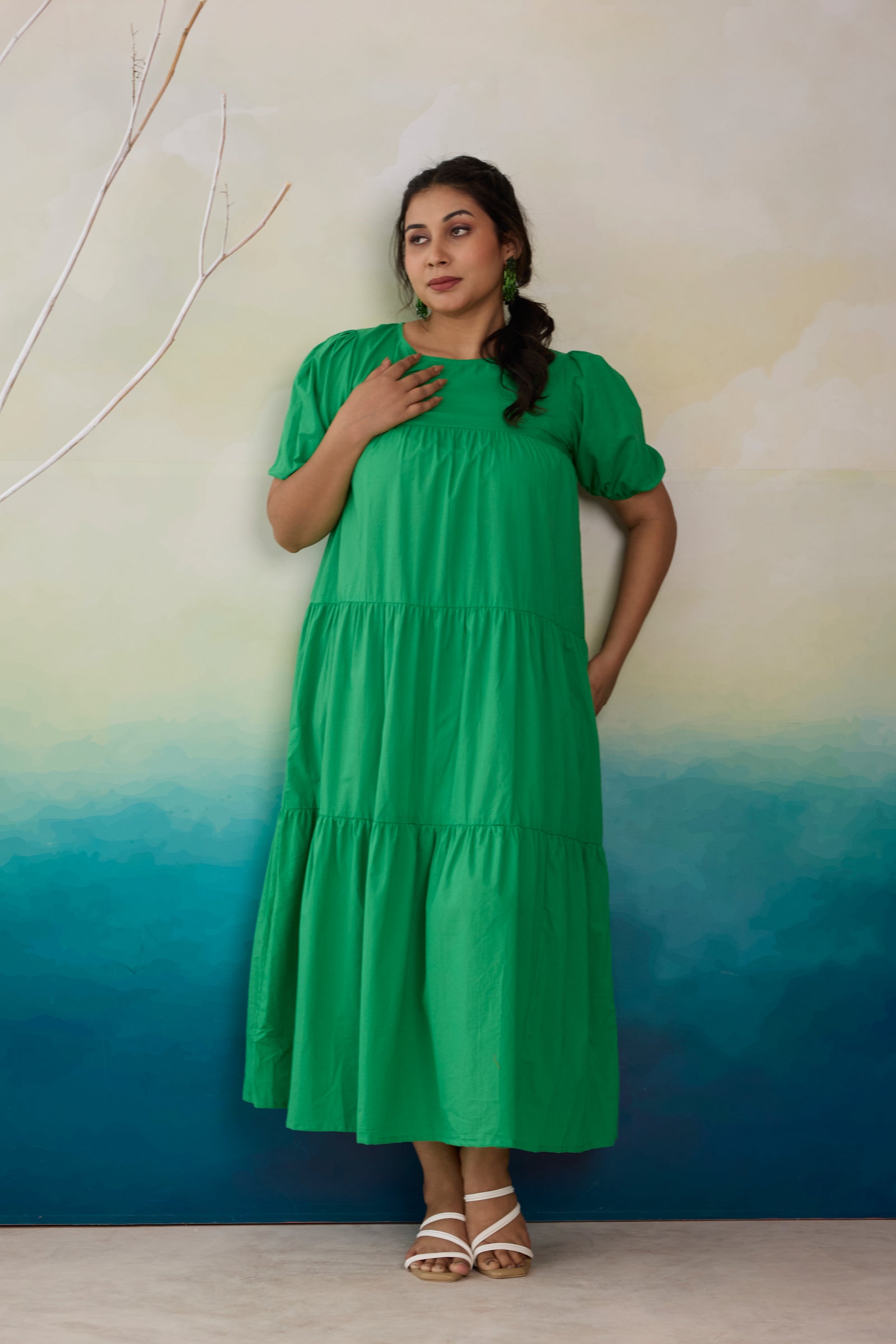 Lush Green Tiered Cotton Midi Dress
