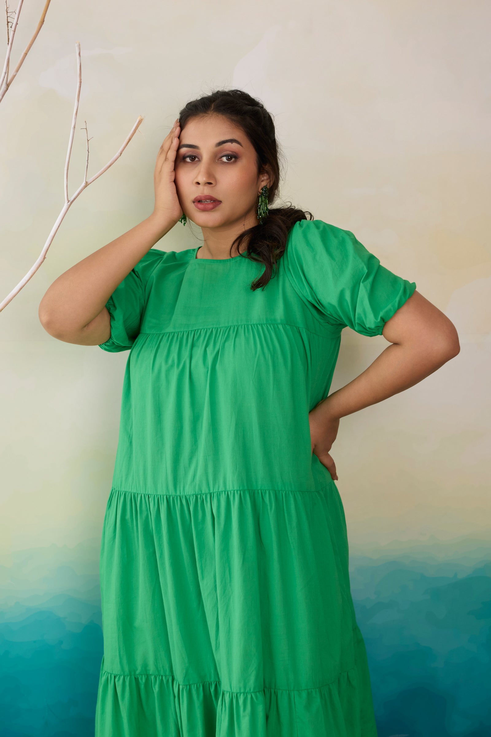 Lush Green Tiered Cotton Midi Dress
