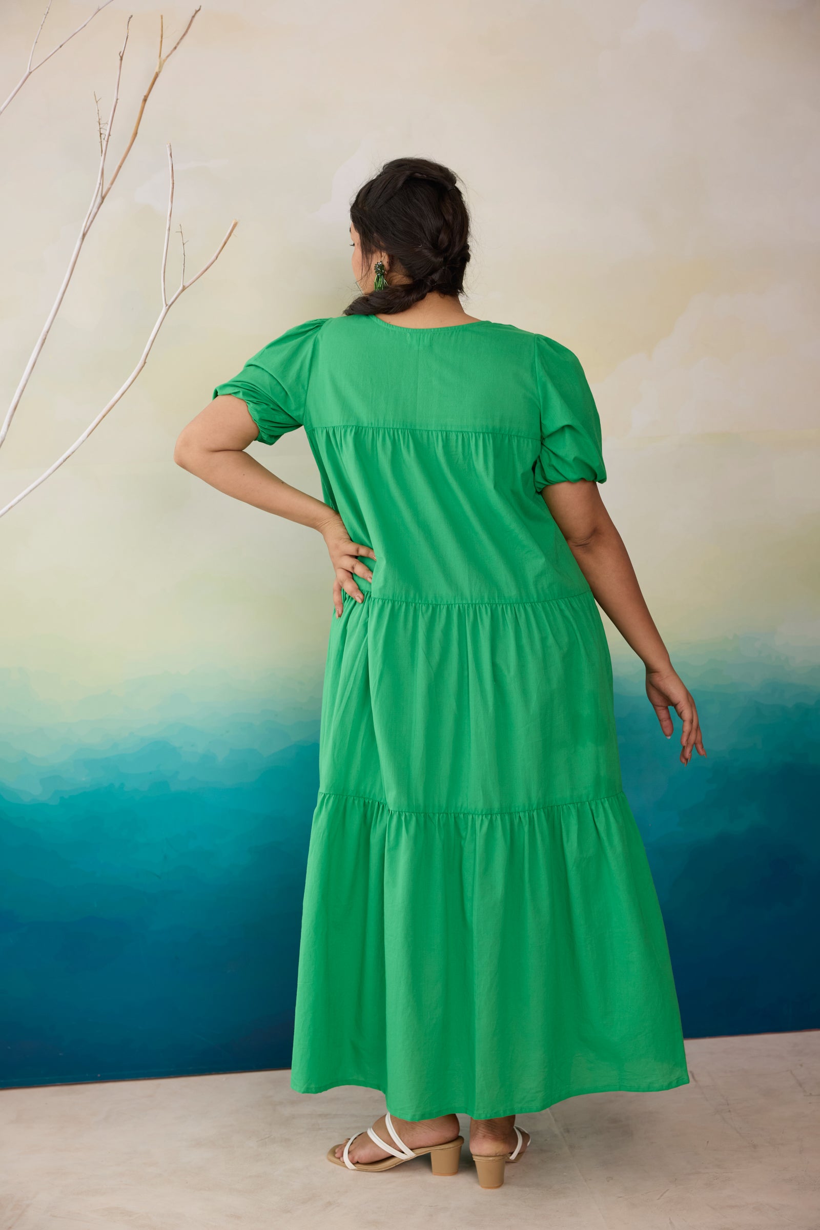 Lush Green Tiered Cotton Midi Dress