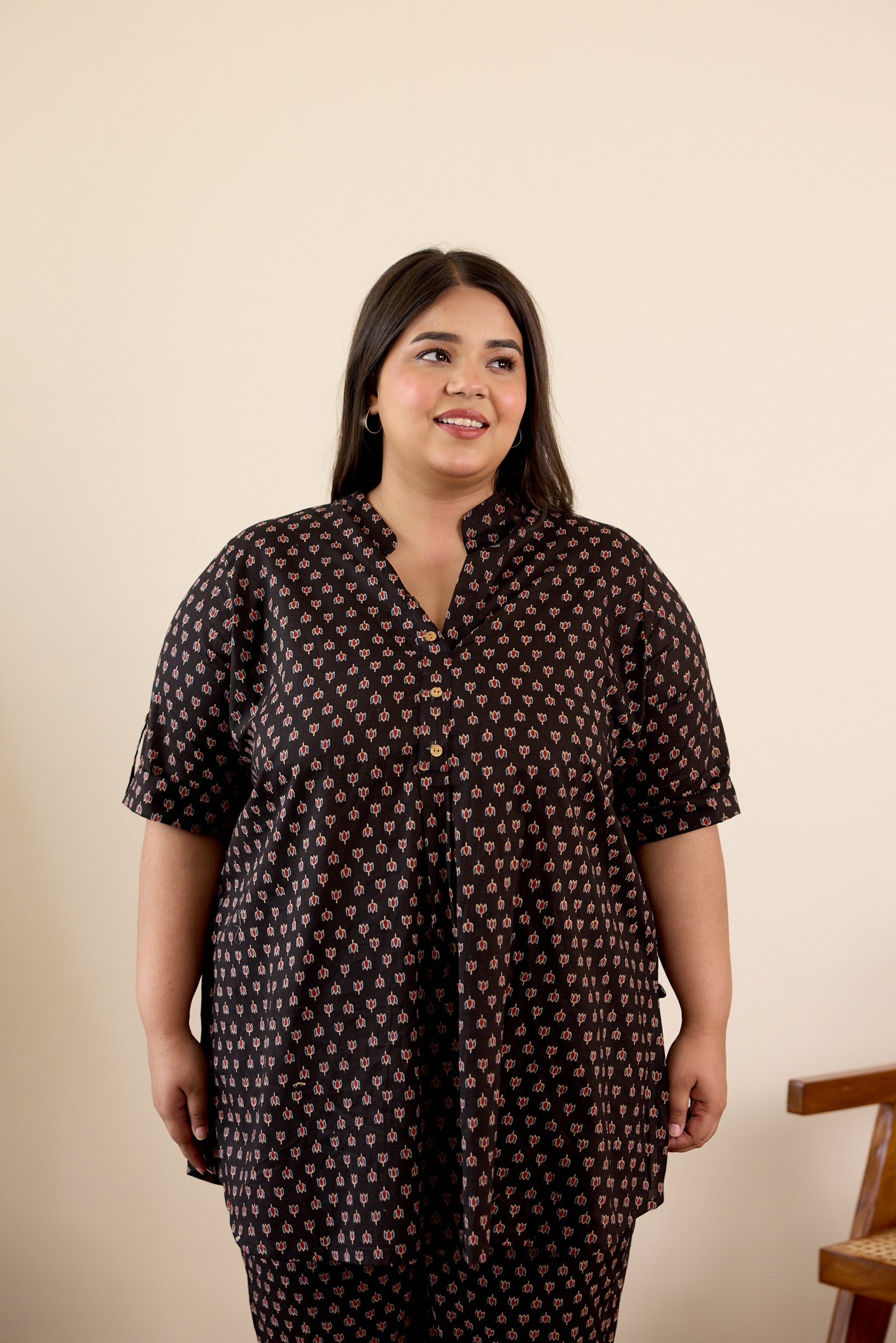 Black Collared Booti Print Co-Ord Set