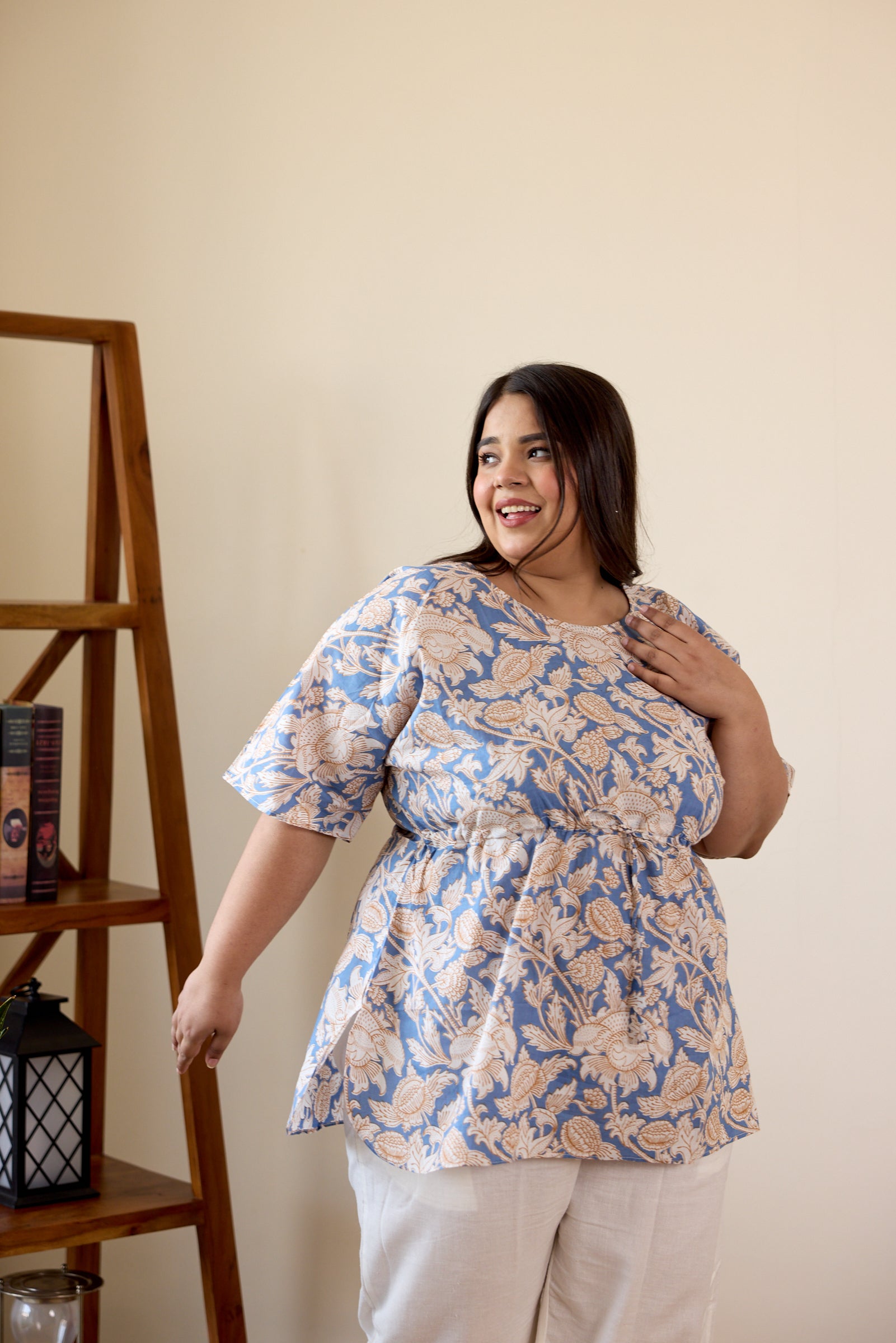 Blue Cotton Printed Drawstring Top