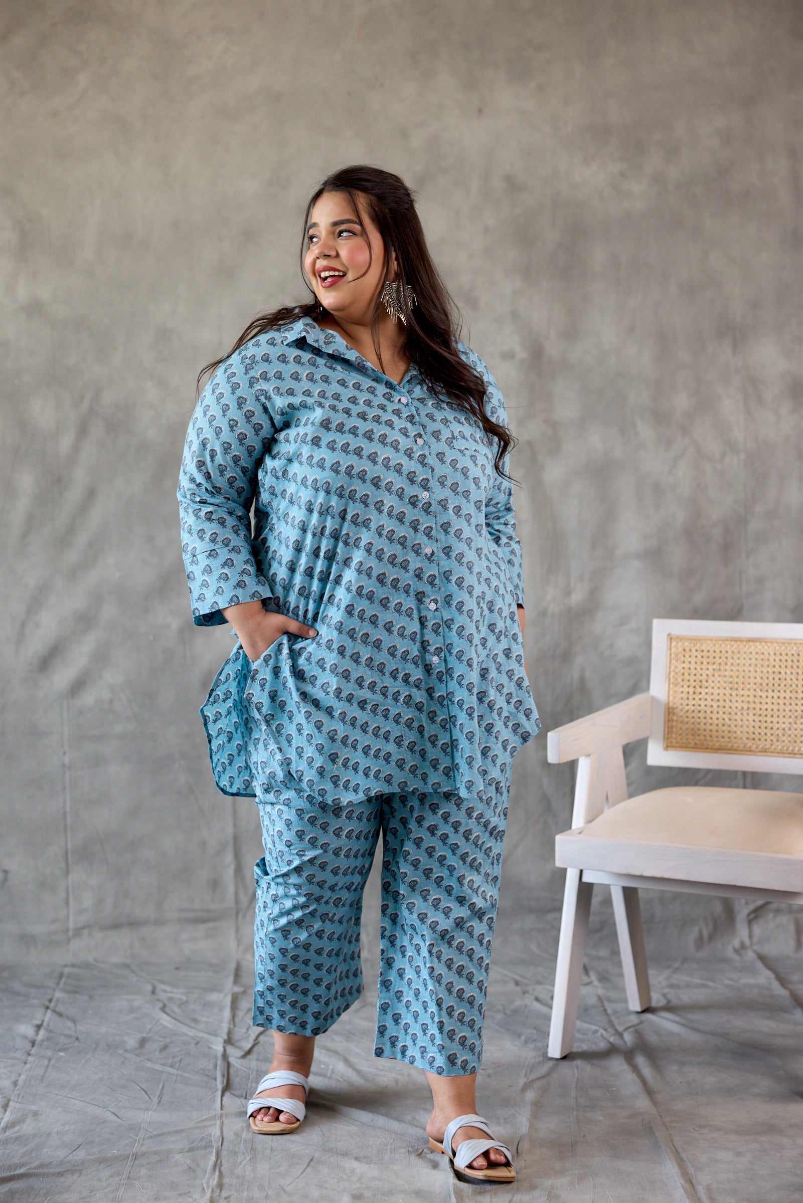 Regular Hazy Blue Button-Down Booti Printed Co-Ord Set (Set of 2)