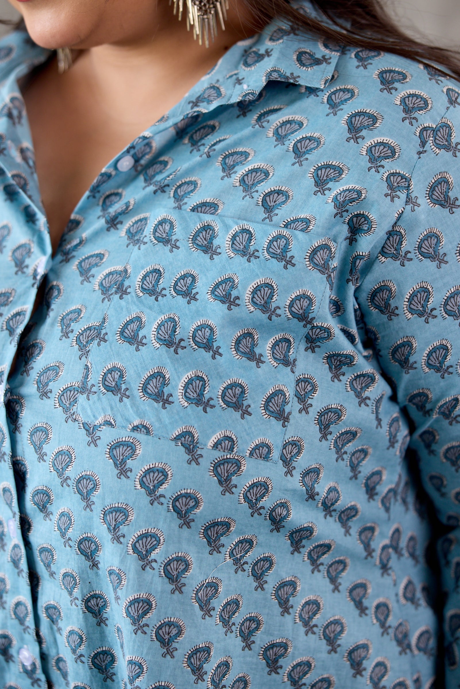 Regular Hazy Blue Button-Down Booti Printed Co-Ord Set (Set of 2)