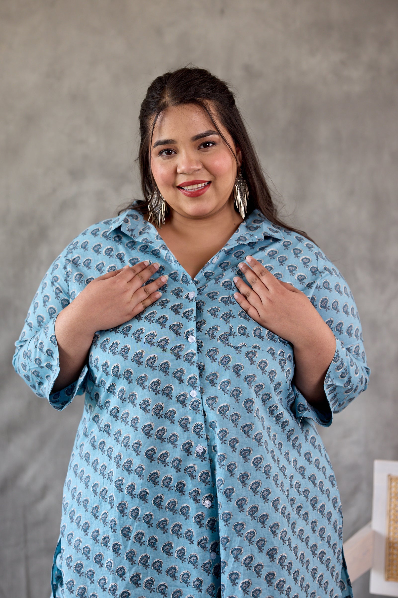 Regular Hazy Blue Button-Down Booti Printed Co-Ord Set (Set of 2)