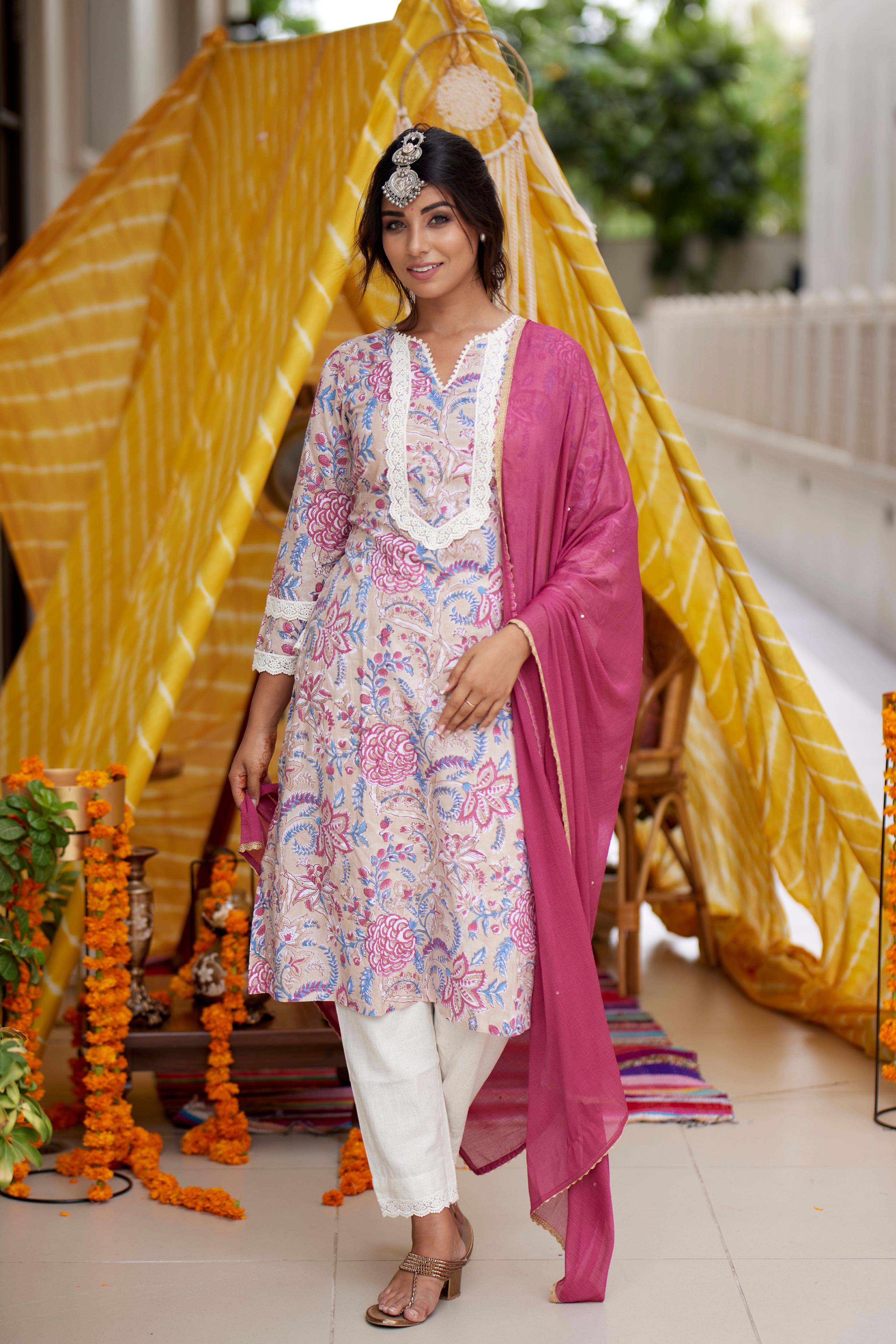 Regular Floral Printed Cotton Kurta Set with Pink Dupatta – Ethnic Wear for Women