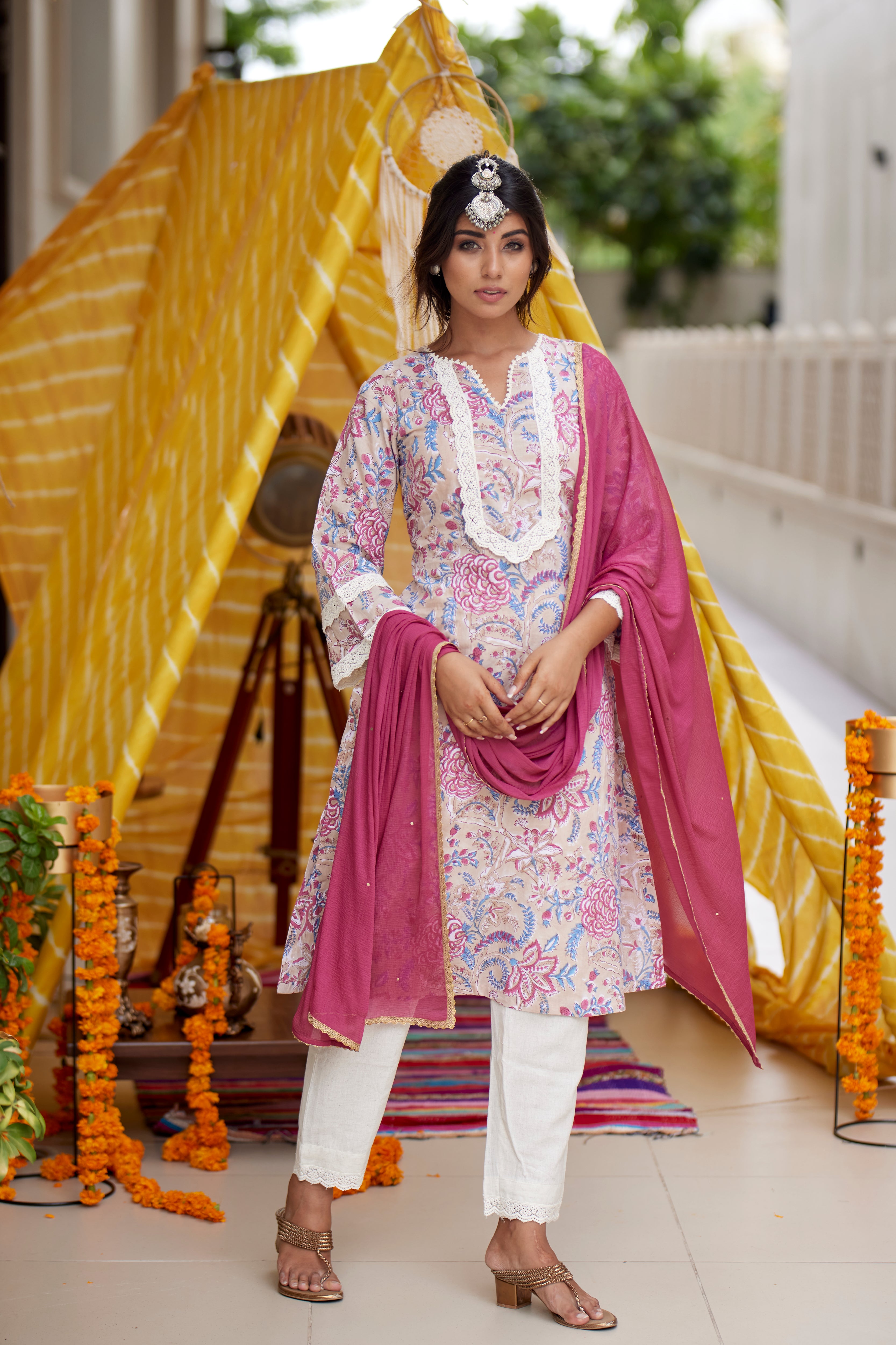 Regular Floral Printed Cotton Kurta Set with Pink Dupatta – Ethnic Wear for Women