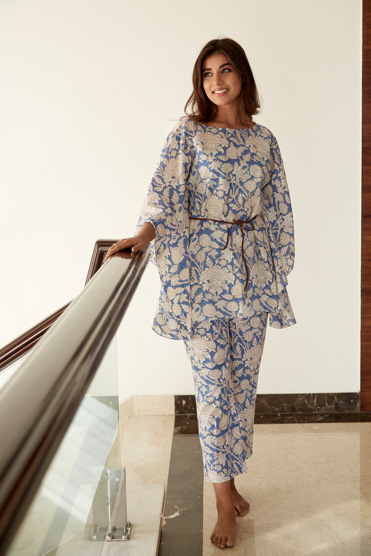 Blue Printed Cotton Kaftan Co-ord Set