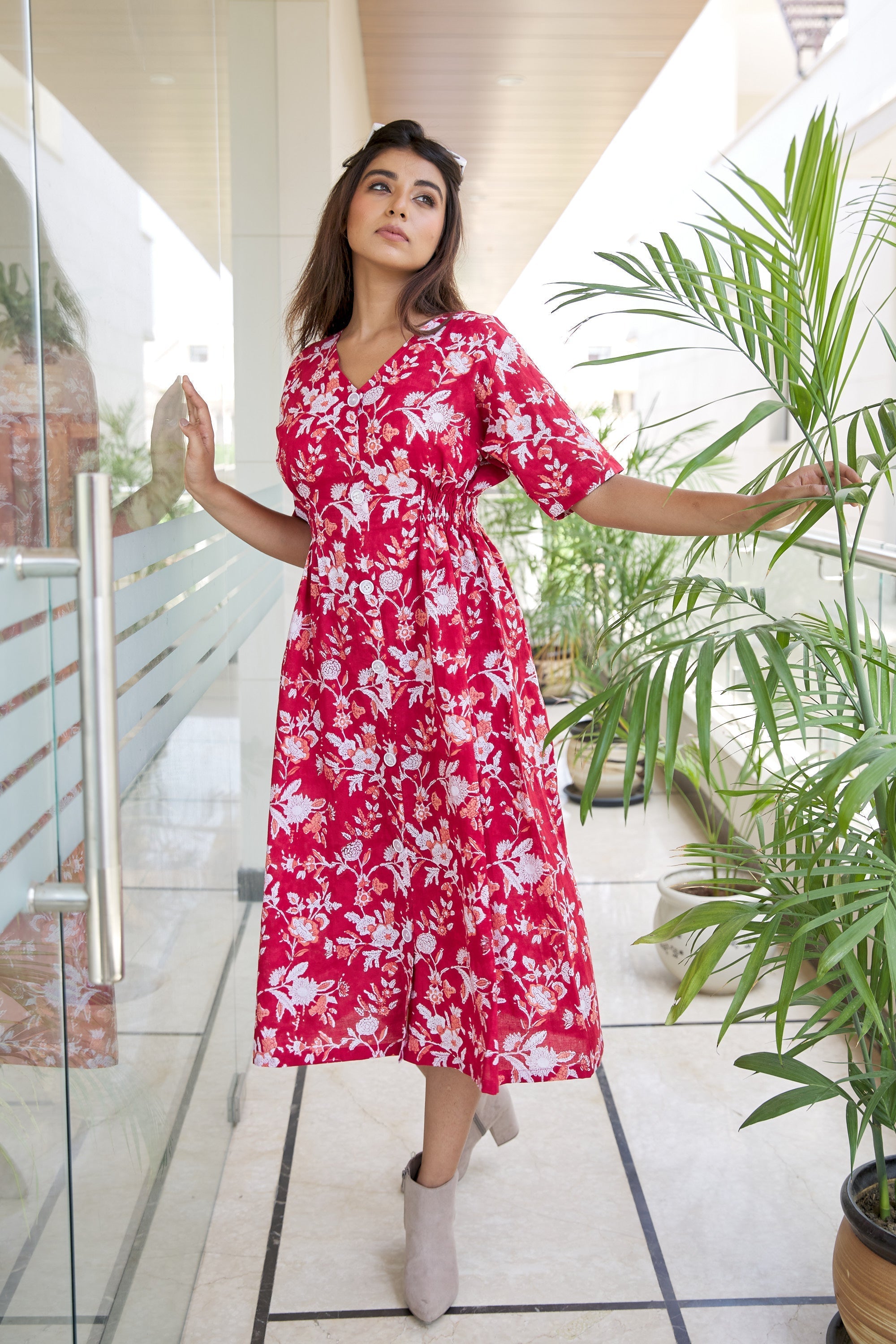 Regular Red Floral Cotton Button Down Dress