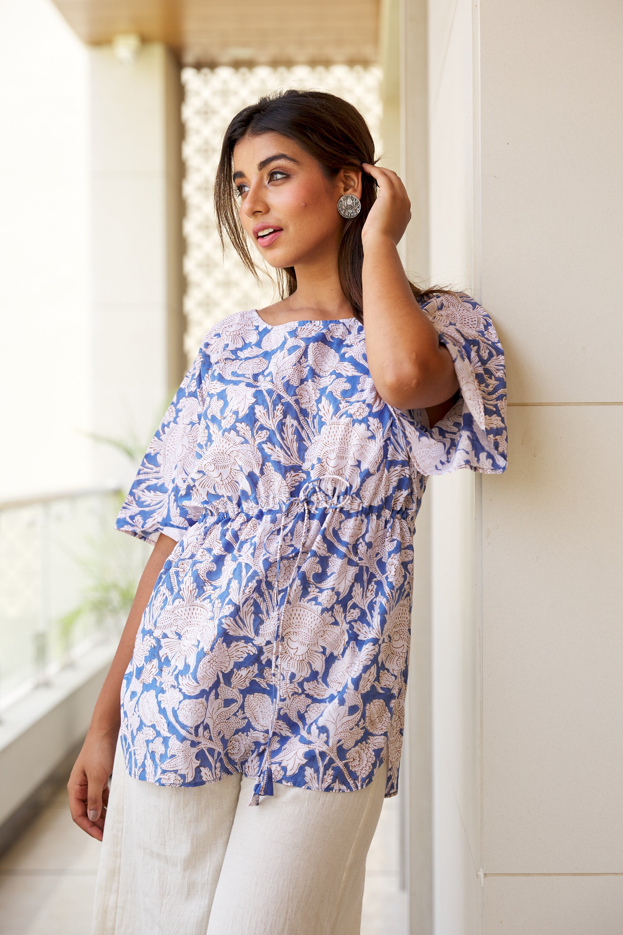 Blue Floral Short Sleeve Casual  Cotton Top for Women