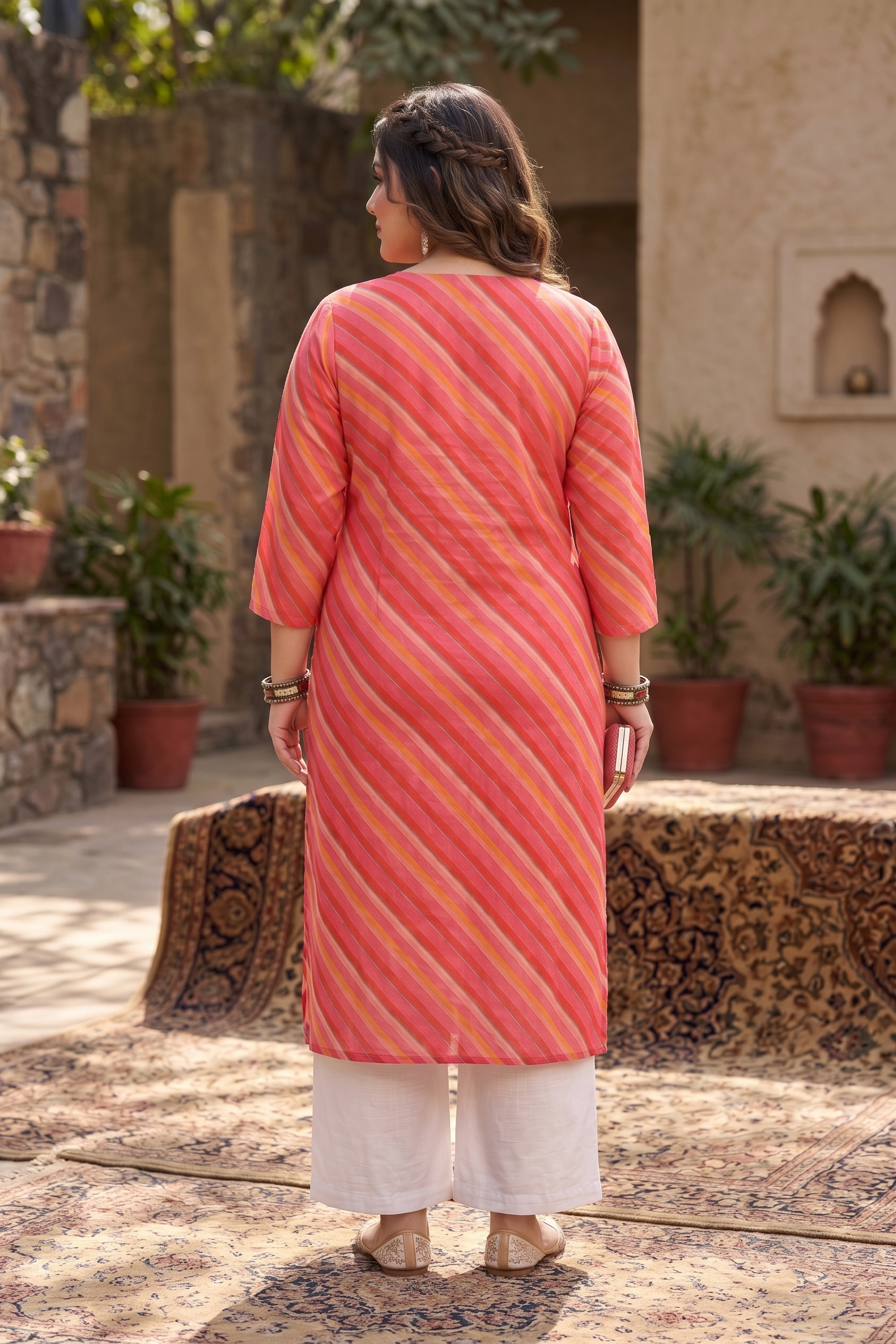 Plus Size Pink Leheriya Striped Cotton Kurta for Women | V-Neck Straight Fit Kurta