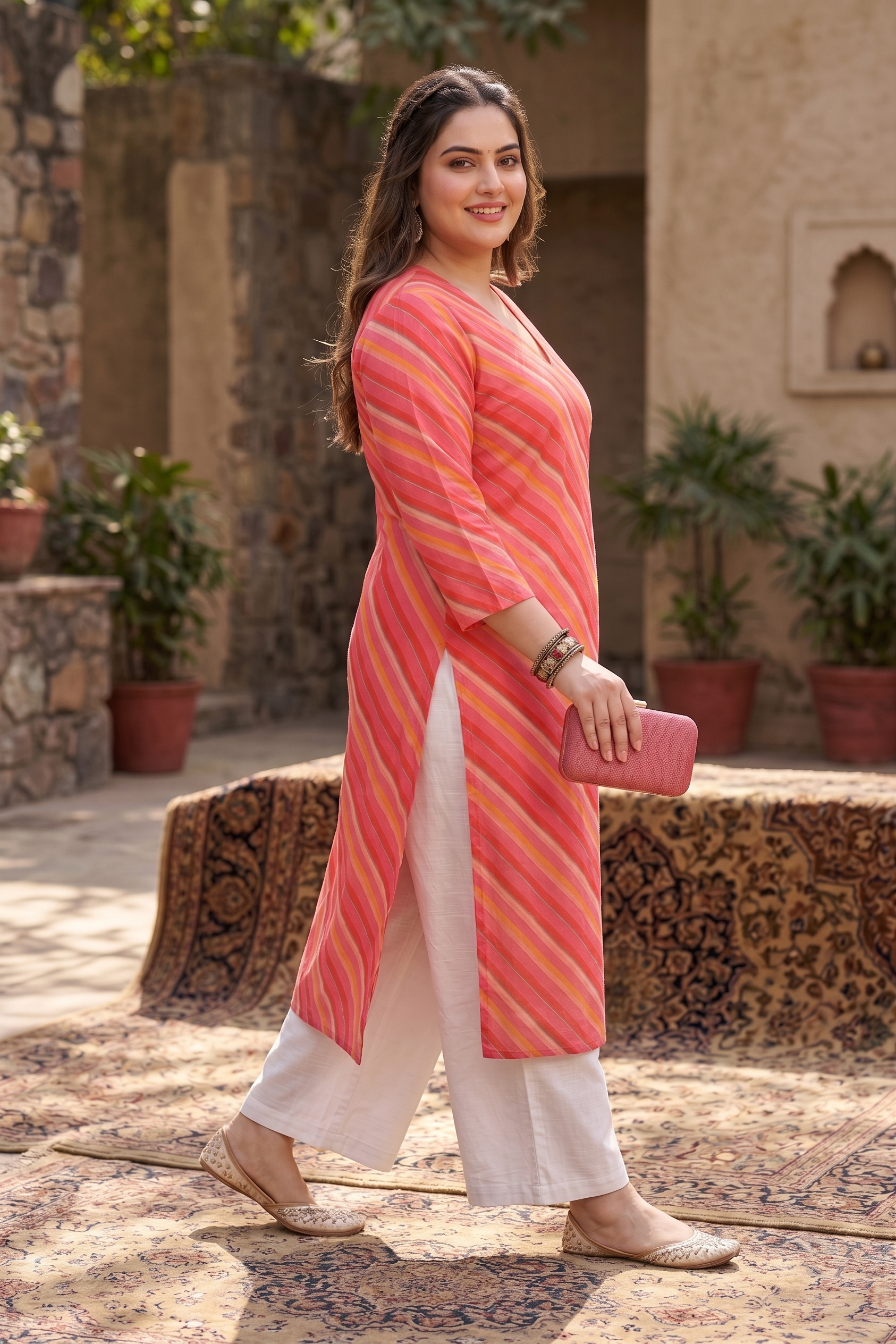 Plus Size Pink Leheriya Striped Cotton Kurta for Women | V-Neck Straight Fit Kurta