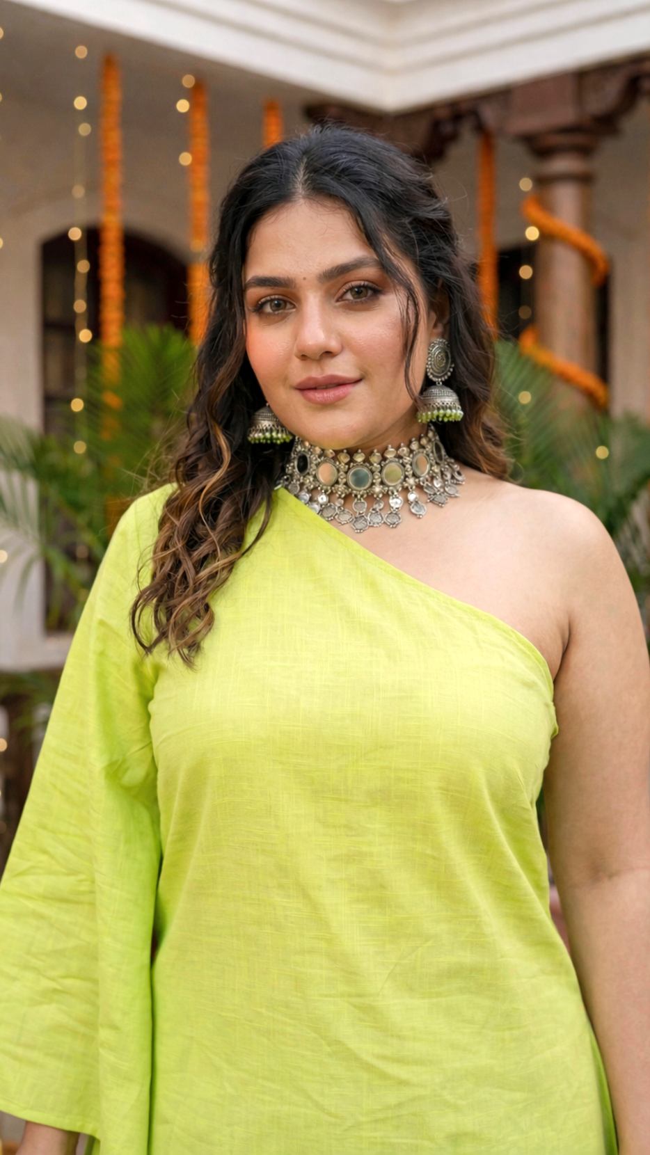 Plus Size Lime Green One-Shoulder Linen Co-ord Set – Asymmetrical Top & Straight Pants