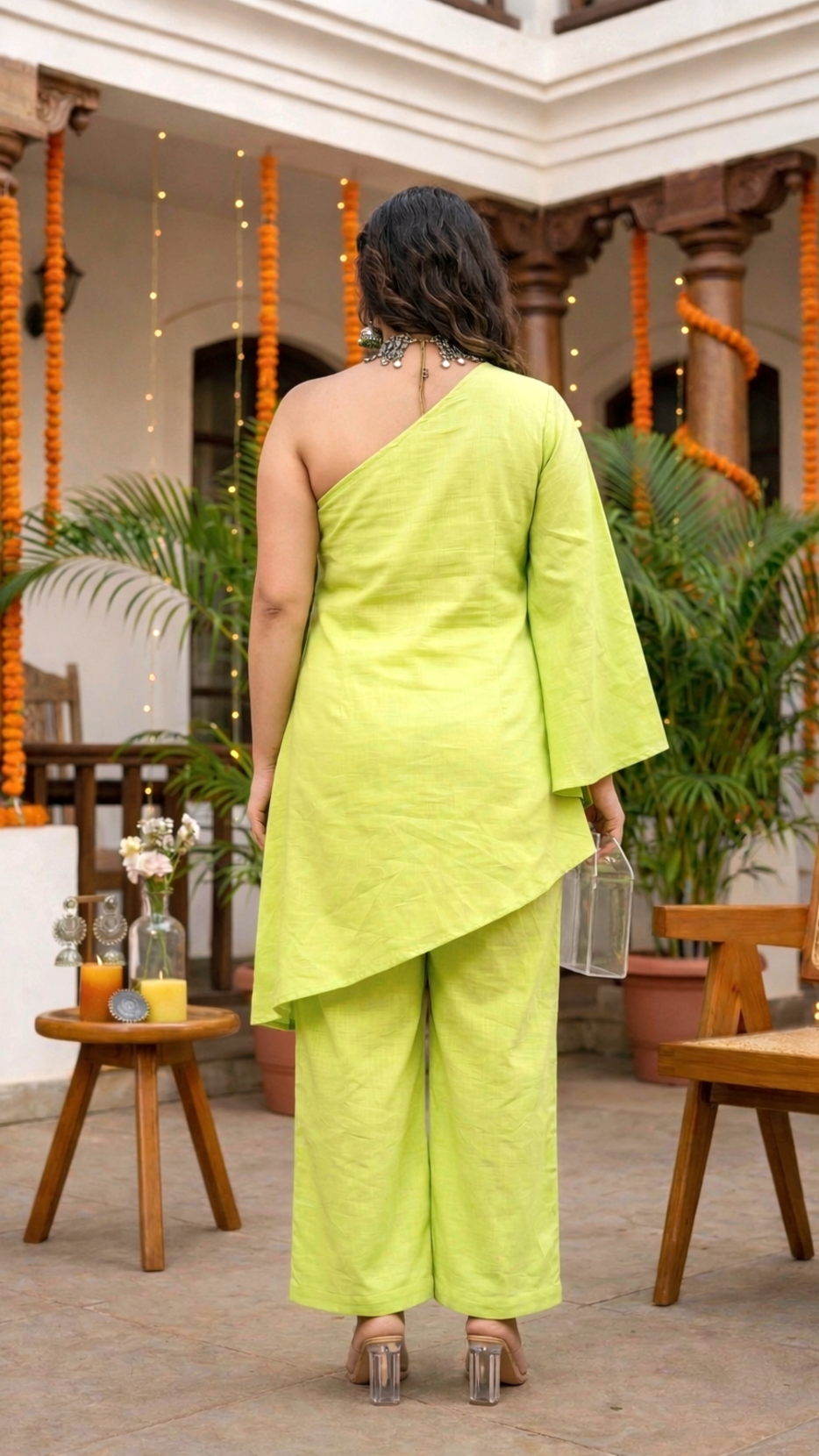 Plus Size Lime Green One-Shoulder Linen Co-ord Set – Asymmetrical Top & Straight Pants