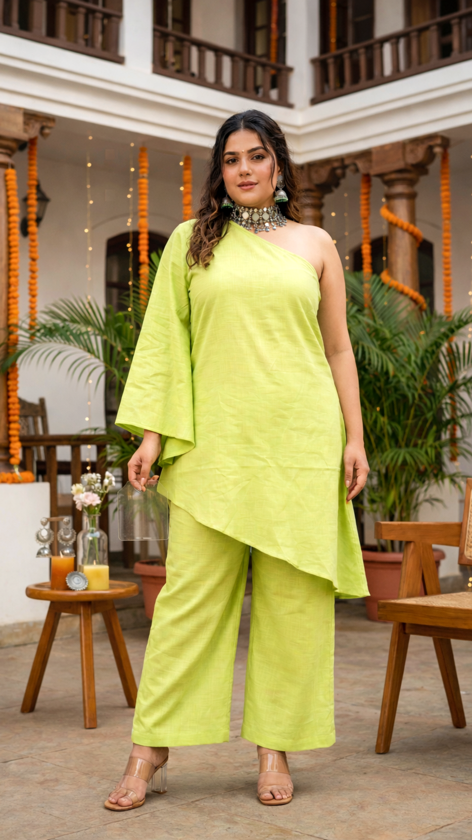Plus Size Lime Green One-Shoulder Linen Co-ord Set – Asymmetrical Top & Straight Pants