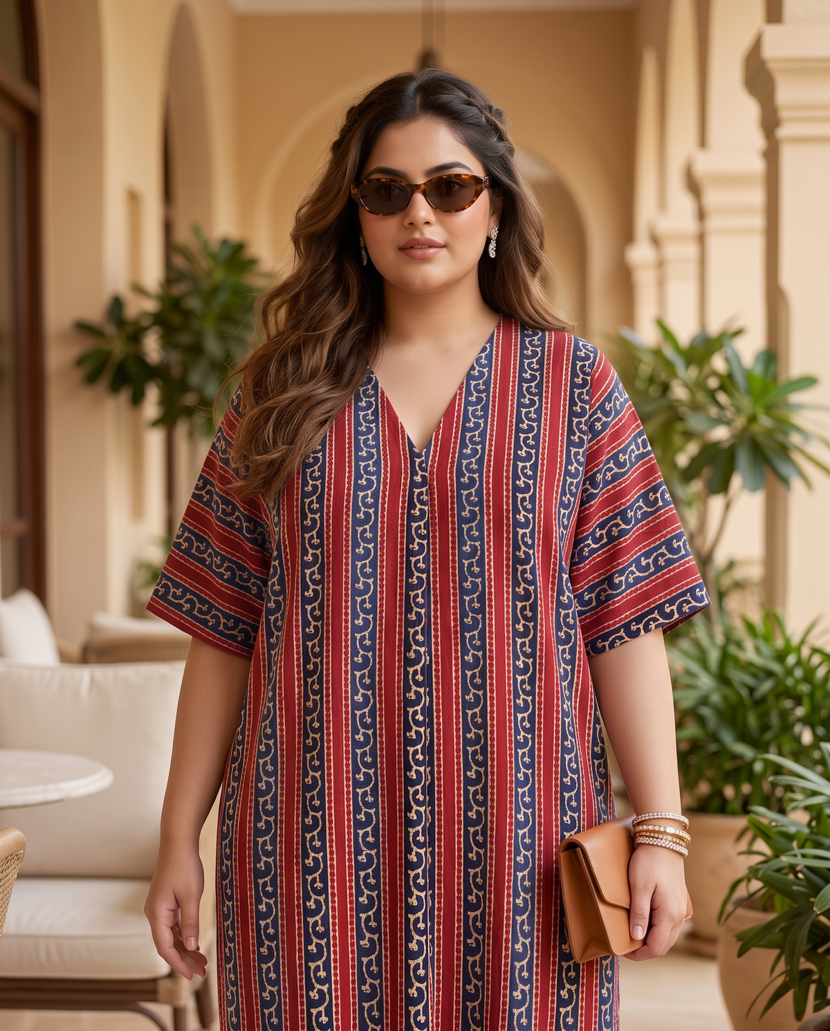 Plus Size Red and Navy Striped 100% Cotton Midi Dress – Relaxed Fit