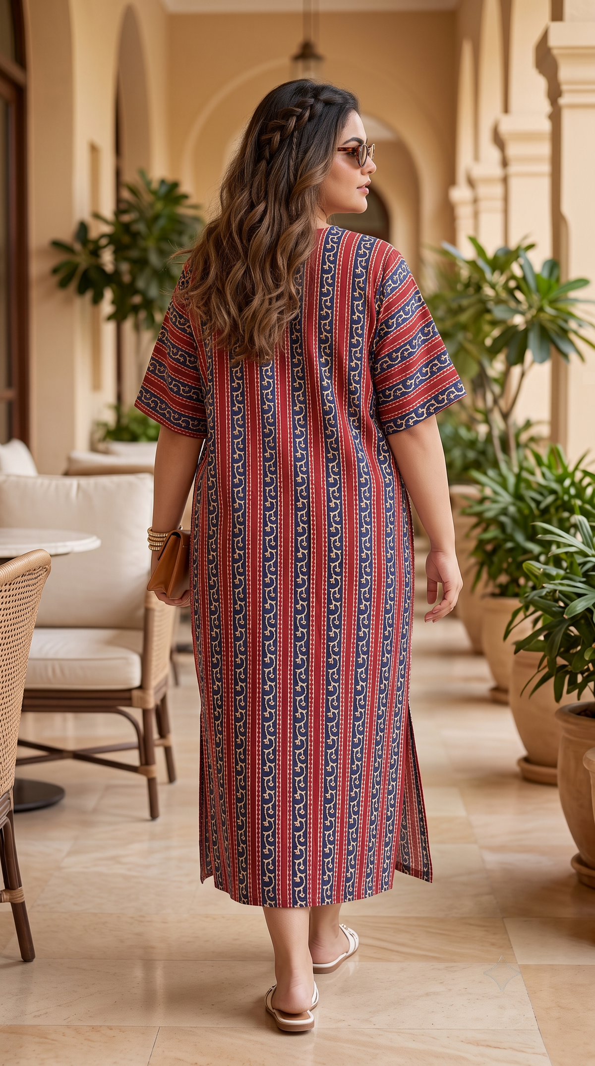 Plus Size Red and Navy Striped 100% Cotton Midi Dress – Relaxed Fit