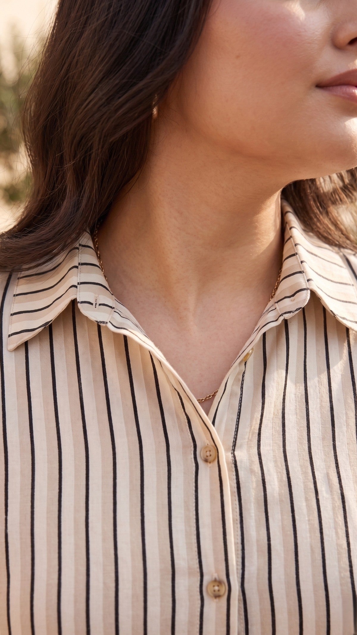 Plus Size Beige Striped Cotton Shirt – Relaxed Fit Casual Button-Down Shirt for Women