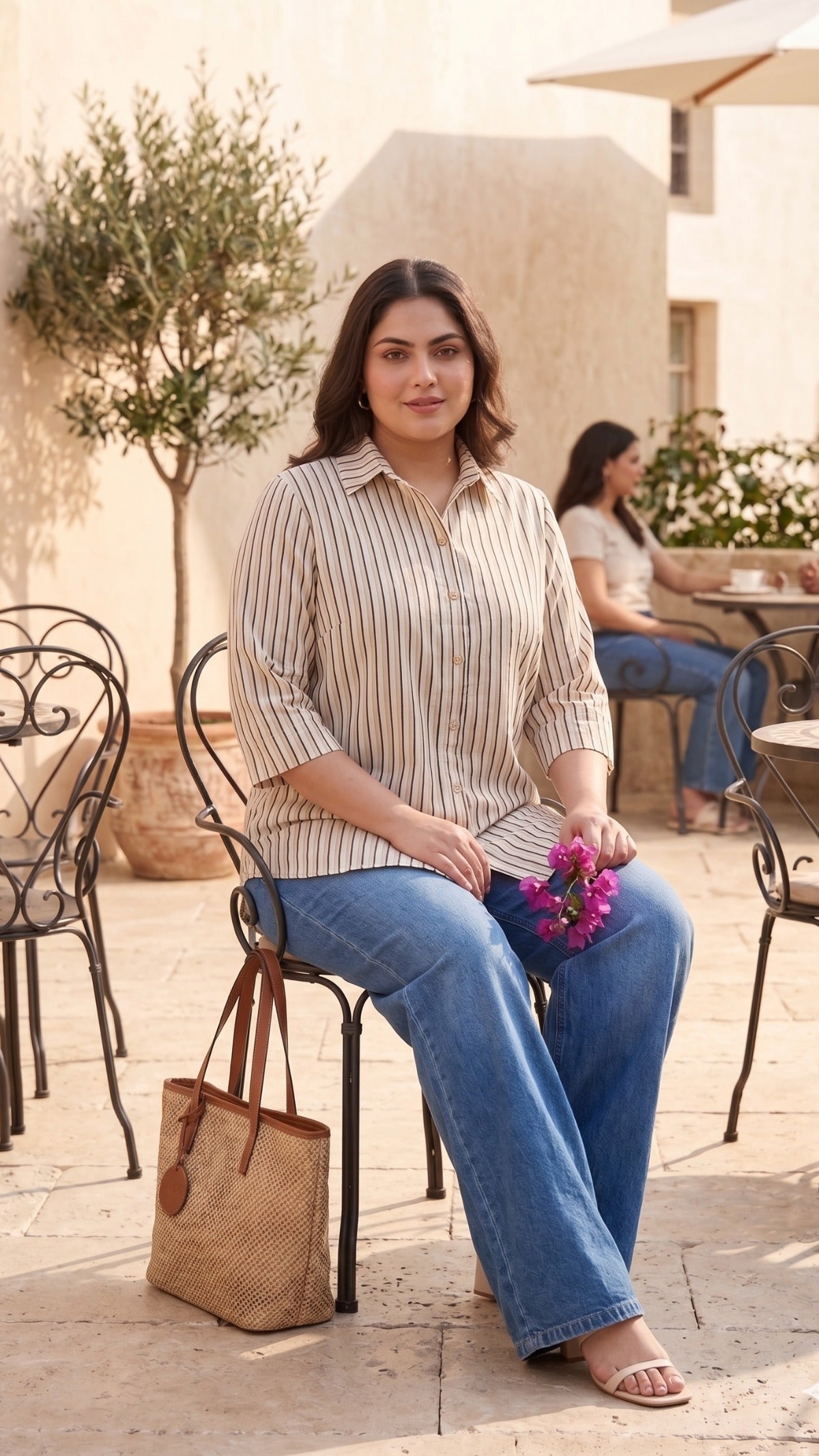 Plus Size Beige Striped Cotton Shirt – Relaxed Fit Casual Button-Down Shirt for Women