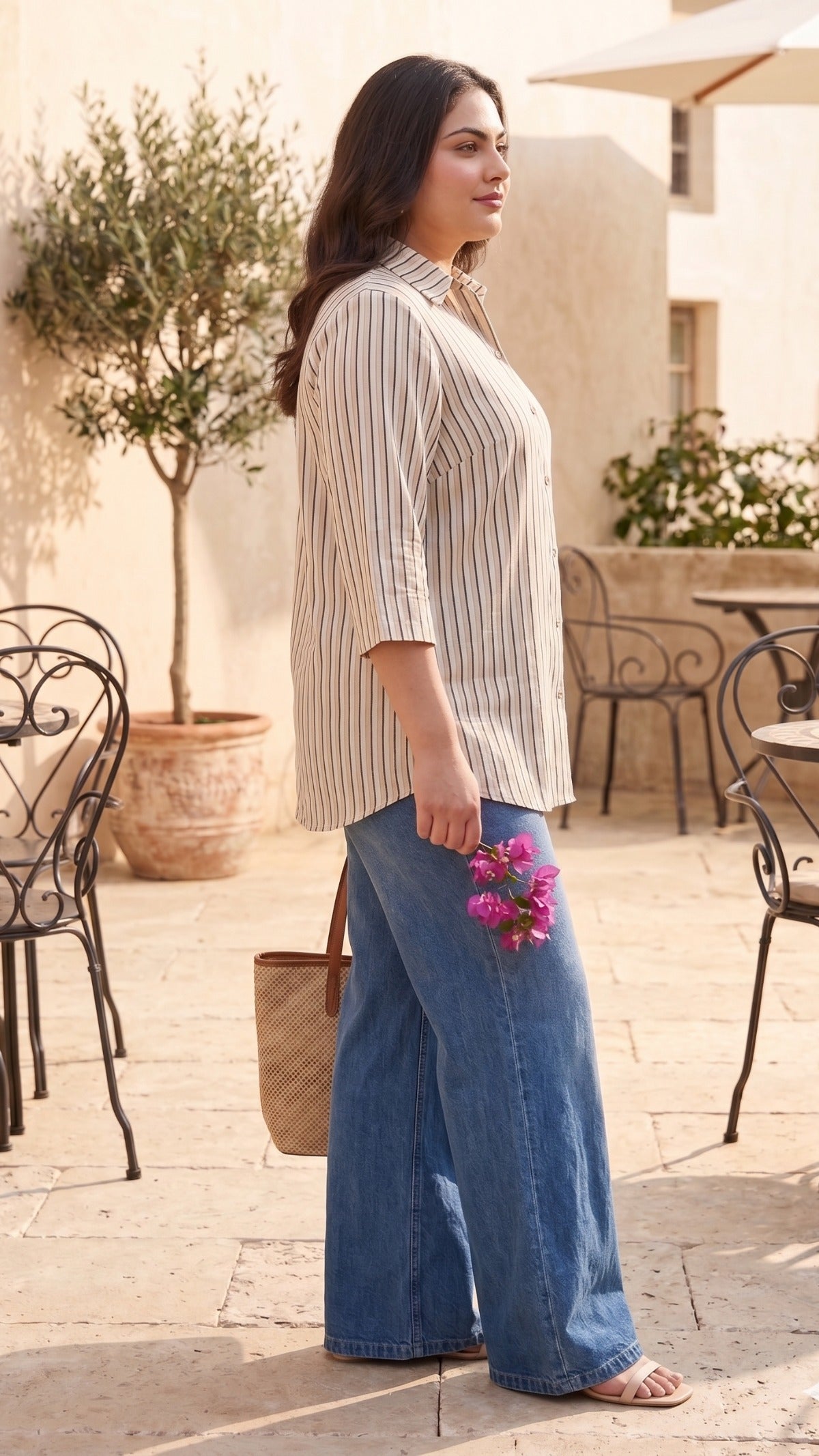 Plus Size Beige Striped Cotton Shirt – Relaxed Fit Casual Button-Down Shirt for Women