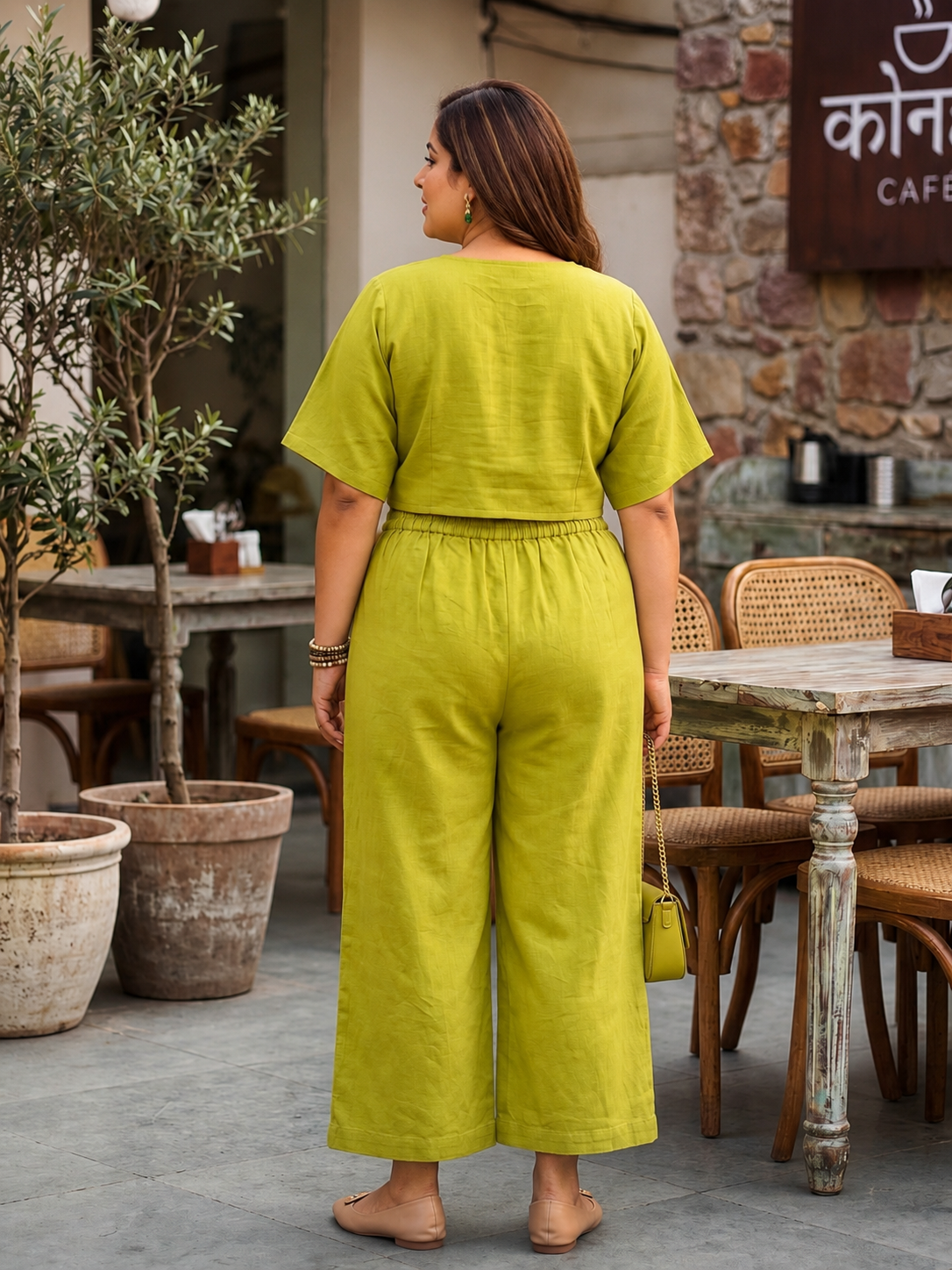 Green Solid Linen Crop Top & Wide Leg Pants Co-ord Set